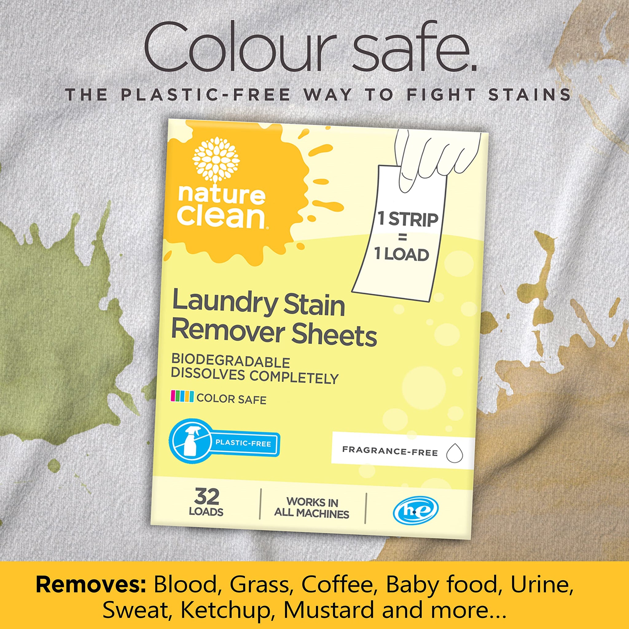 Nature Clean Natural Stain Remover for Clothes Laundry Strips Unscented 32 Count, Non-Toxic Advanced Stain Remover Treater Laundry Sheets