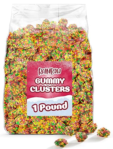 Rainbow Gummy Candy Clusters - 1 Pound Bulk Bag Chewy & Crunchy Fruity Gummies - For Parties, Snacks, and Candy Buffets - Bulk Sweet Treats