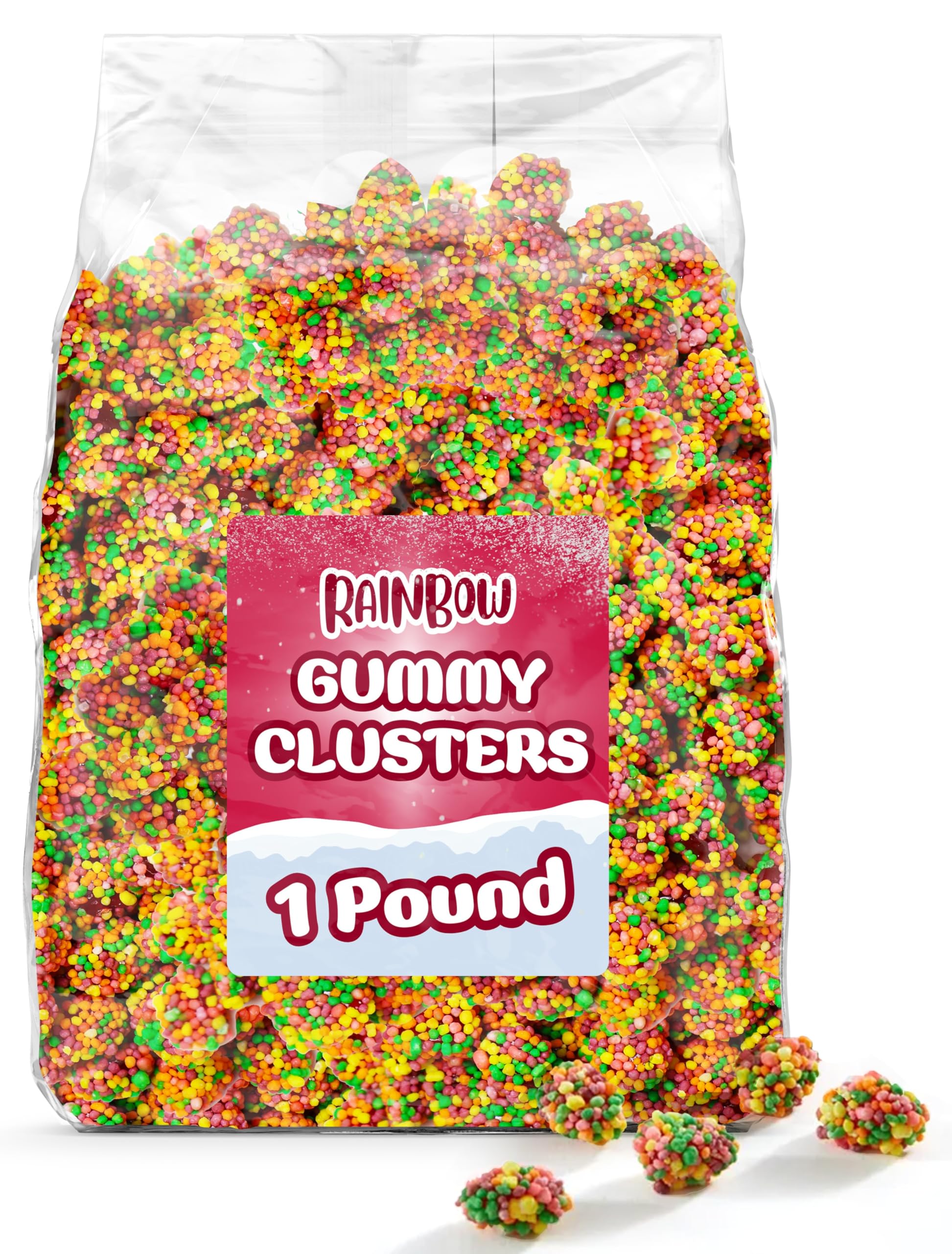 Rainbow Gummy Candy Clusters - 1 Pound Bulk Bag Chewy & Crunchy Fruity Gummies - For Parties, Snacks, and Candy Buffets - Bulk Sweet Treats