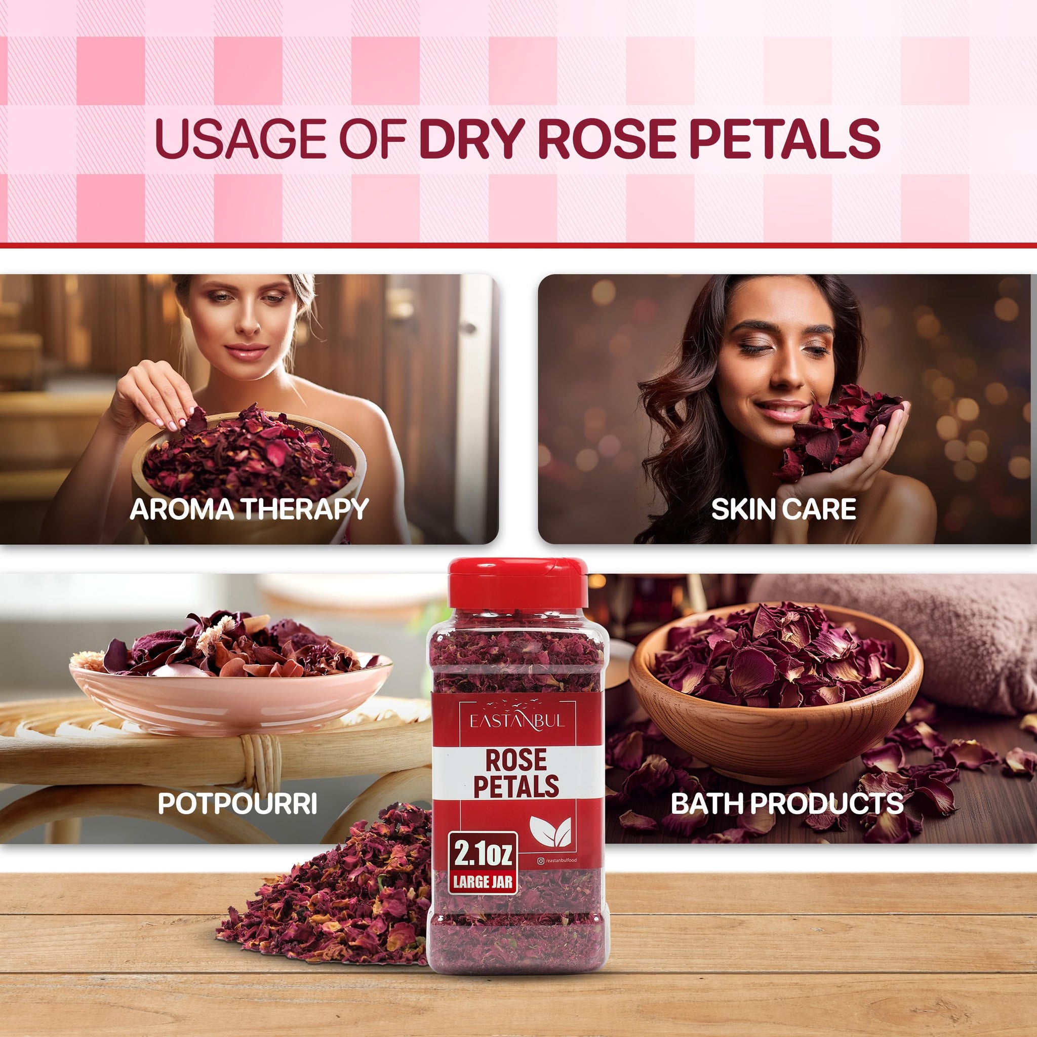 Eastanbul Dried Rose Petals, 2.1oz, Premium Edible Rose Petals, Dried Flower for Herbal Tea, Decoration, Sprinkles, Dessert Topping, From