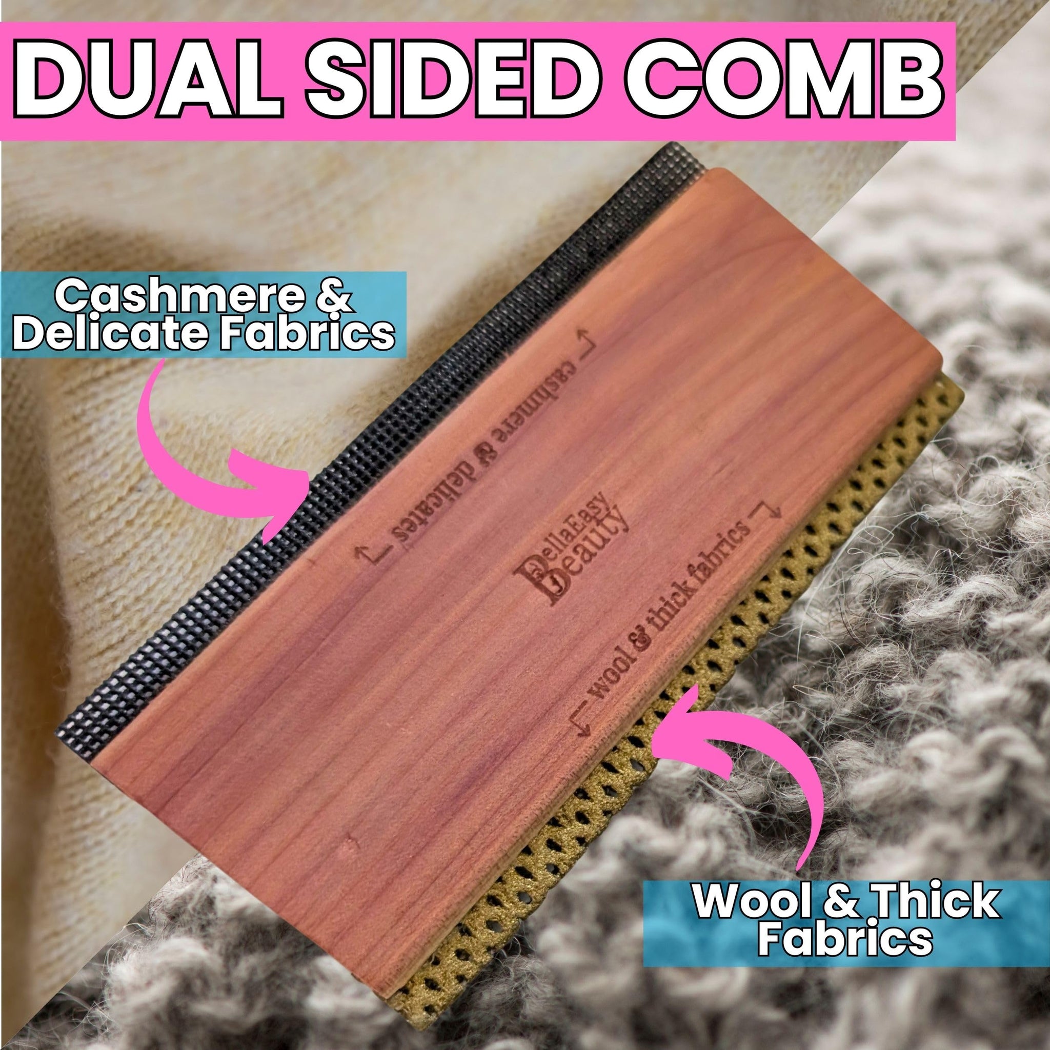 Cashmere Comb for De-Pilling Sweaters - Remove Pills, Lint, and Fuzz from Wool Garments - Dual-Sided Fabric Comb with Cedar Wood Handle