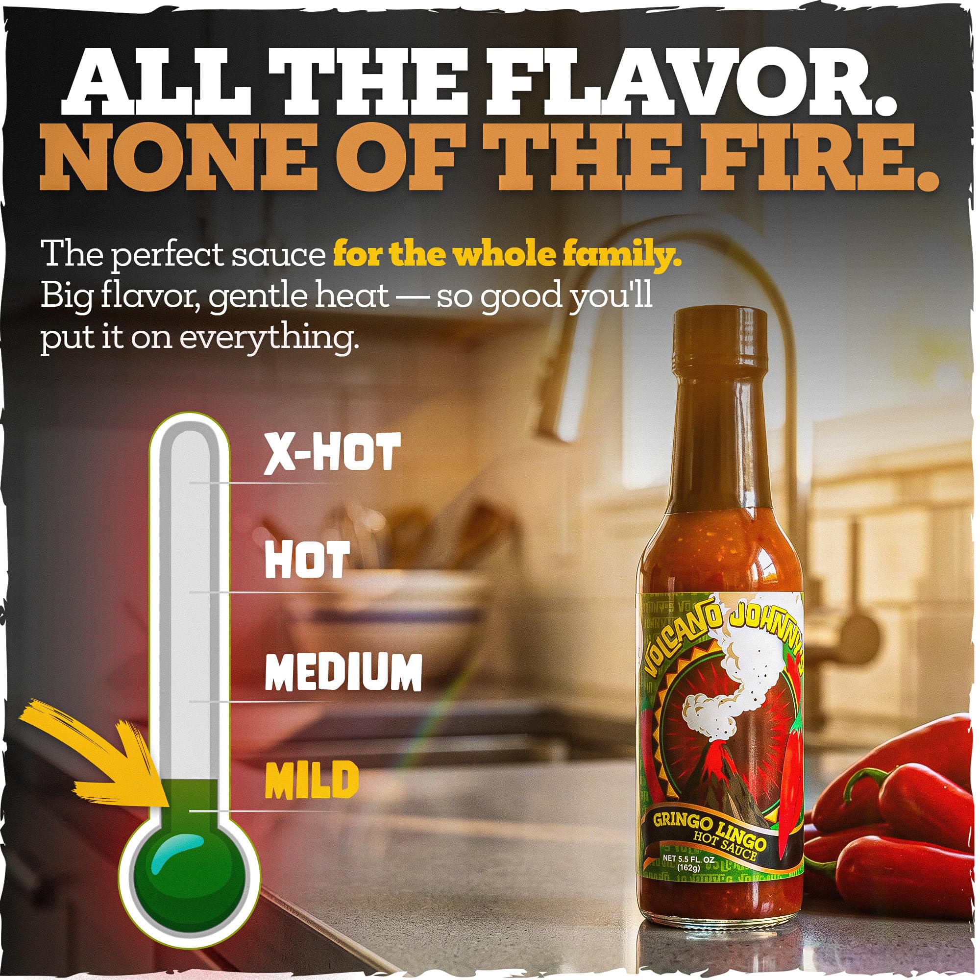 Volcano Johnny's Gringo Lingo Hot Sauce | Award-Winning Mild & Smoky Red Jalapeño | Smoked Craig's Grande Peppers | Gourmet Burger & Taco Sauce |