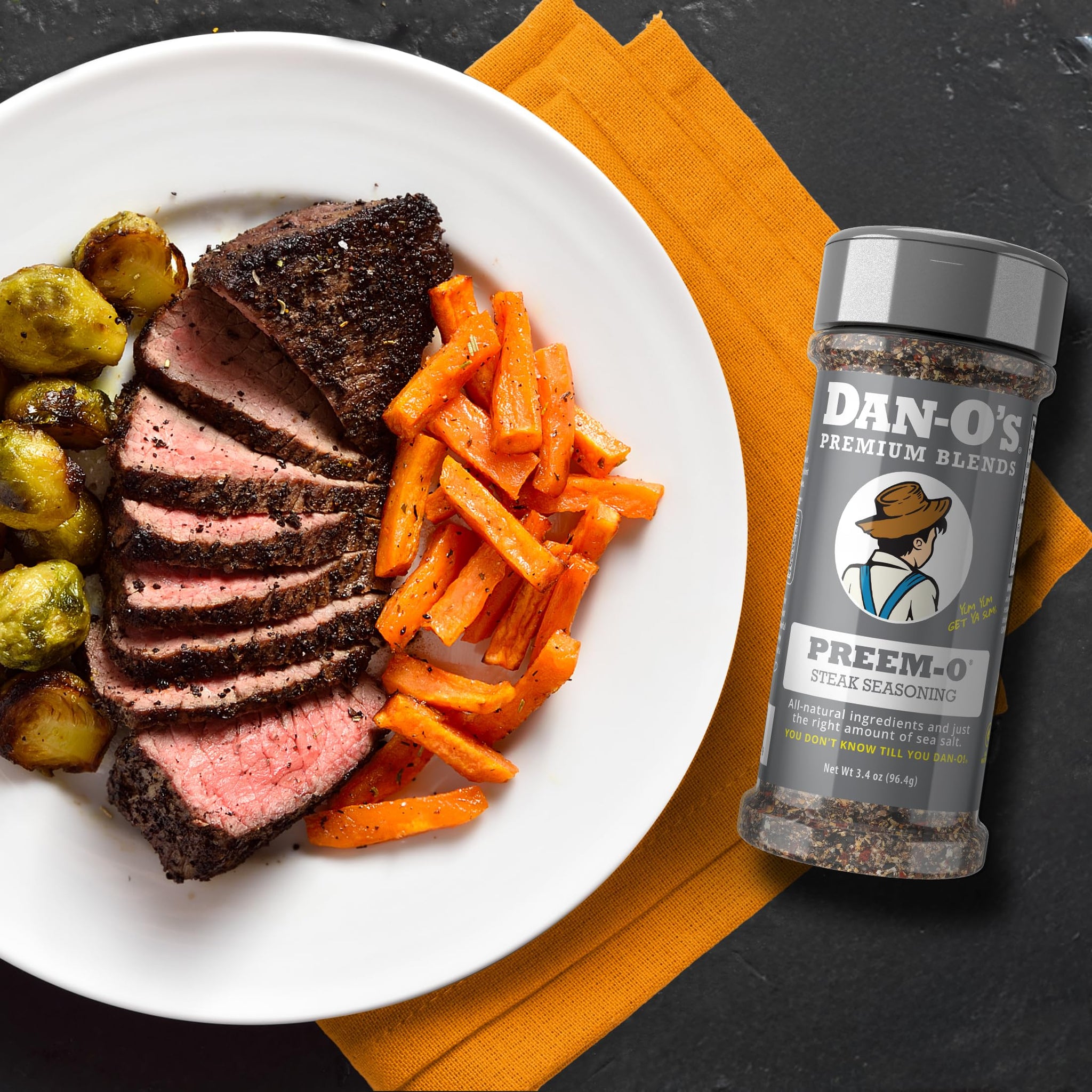 Dan-O's Preem-O Seasoning, 2.5 oz Bottle, Meat Seasoning for Steak, Ribs, Chicken, Brisket and More, Sugar Free, Zero Calorie, Use this Spice Blend