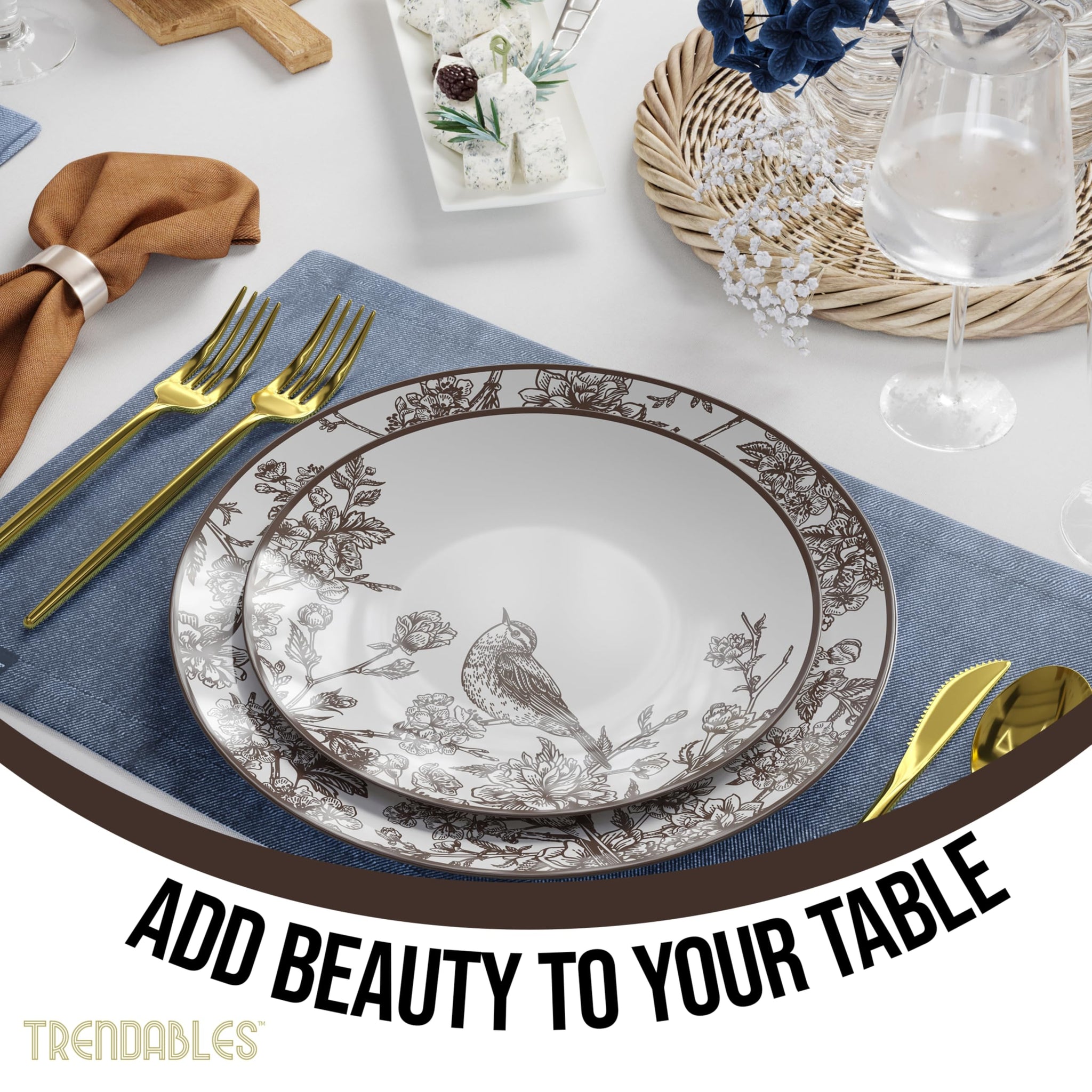 Trendables Disposable Dinnerware Sets Vintage Plates Plastic Disposable Plates Set For 20 Guests 20 x 8 Inch Dessert Plate & 20 x 10 Inch Wedding
