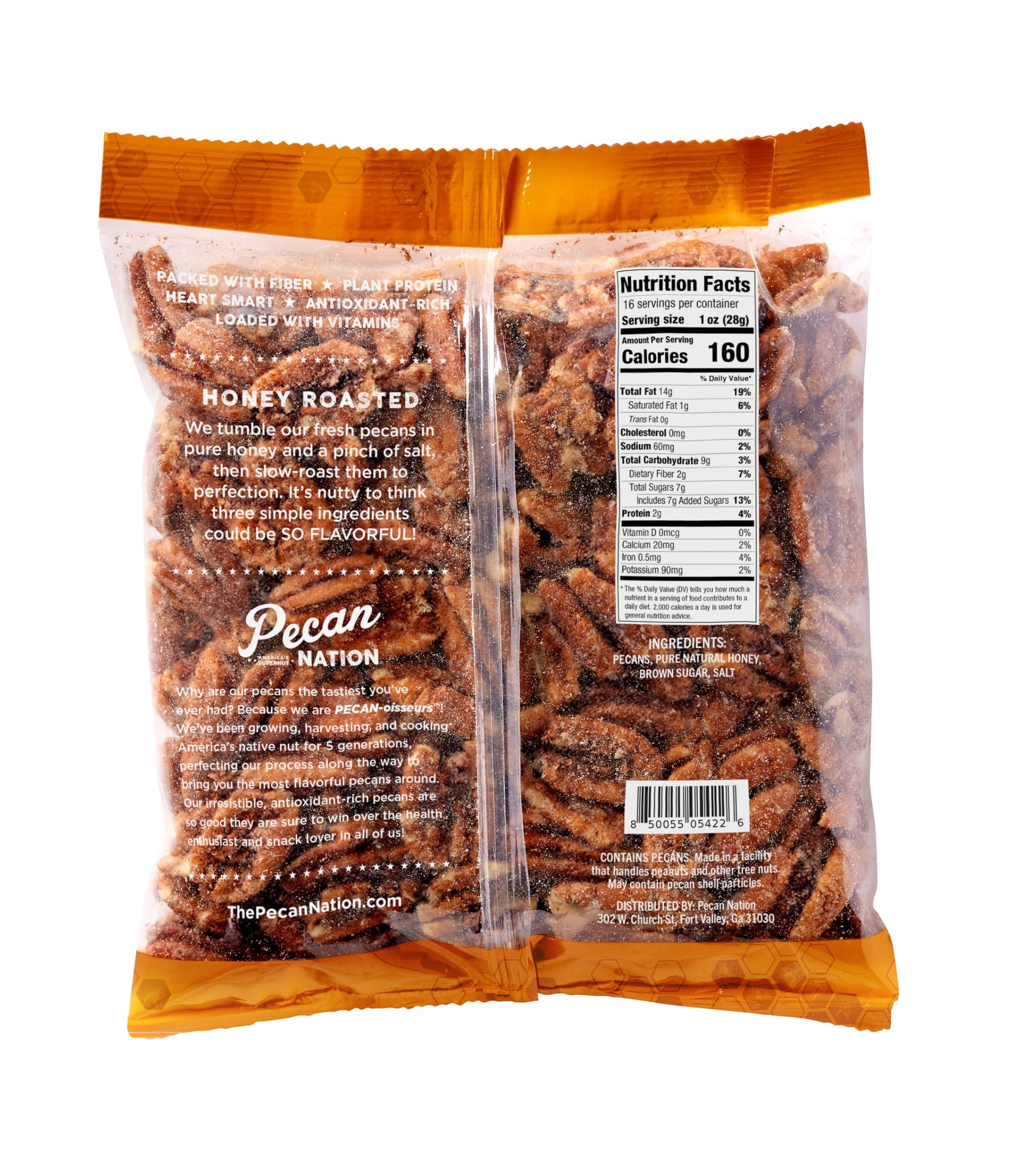 Pecan Nation Honey Roasted Georgia Pecans, 16 oz., Natural, No Preservatives, Anti-oxidant Rich, Non-GMO, Irresistible Healthy Snacking Pecans
