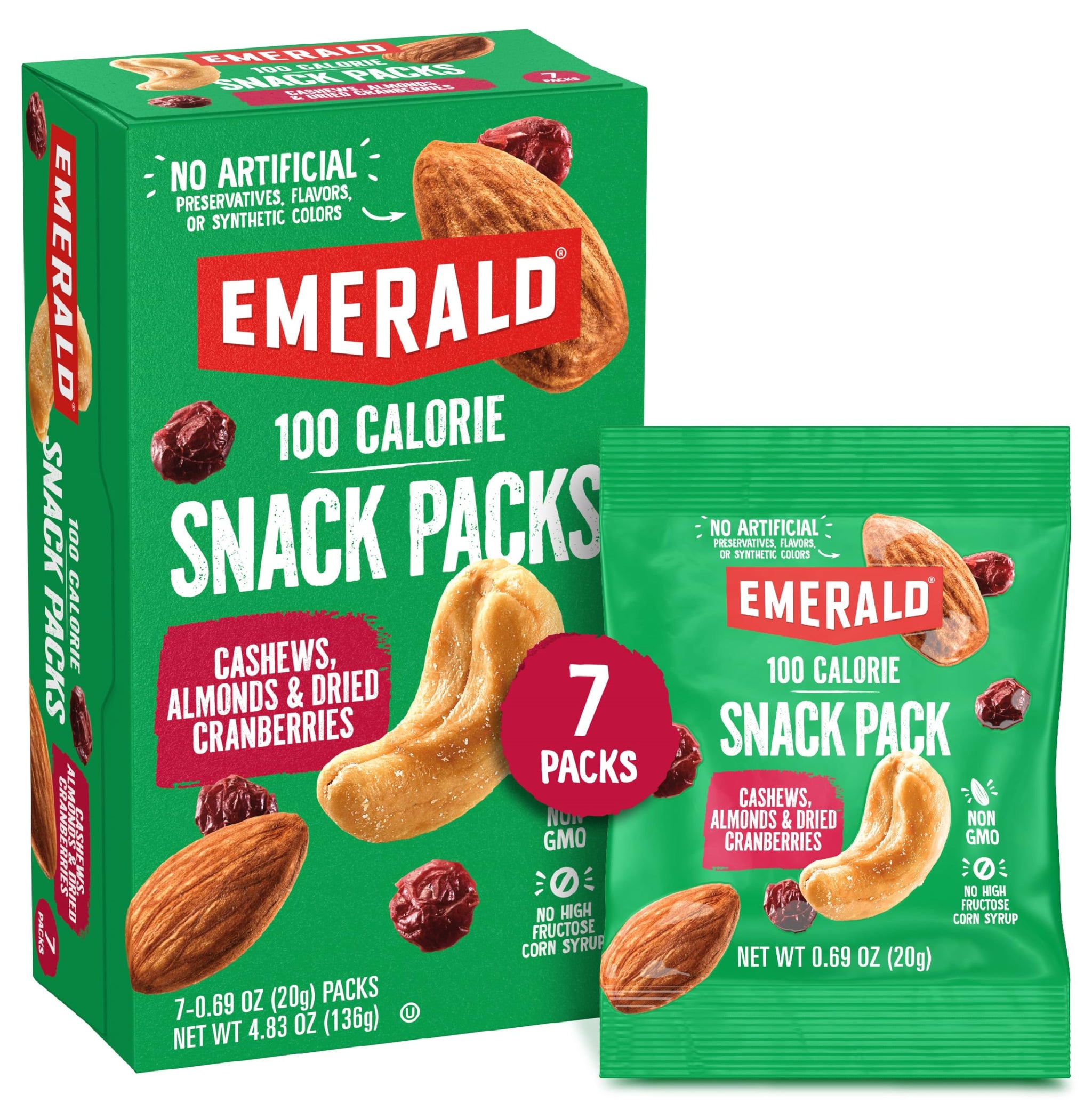 Emerald Nuts Cashews and Almonds with Dried Cranberries 7 Ct (1-Pack) | 100-Calorie Individual Packs of Nut Blend and Dried Fruit | Kosher Certified