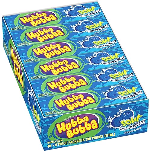 Hubba Bubba Sour Blue Raspberry Bubble Gum, 5 Piece (Pack of 18)