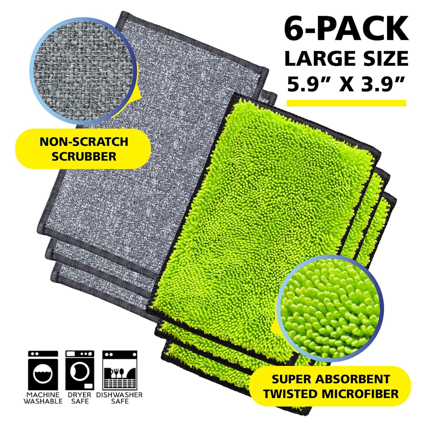 Fresh Tuff-Scrub, Large, 6-Pack Scrub-N-Wipe Sponge Cloth with Silvadur Antimicrobial for Odor Control, Microfiber, Multi-Surface, Non-Scratch