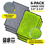 Fresh Tuff-Scrub, Large, 6-Pack Scrub-N-Wipe Sponge Cloth with Silvadur Antimicrobial for Odor Control, Microfiber, Multi-Surface, Non-Scratch