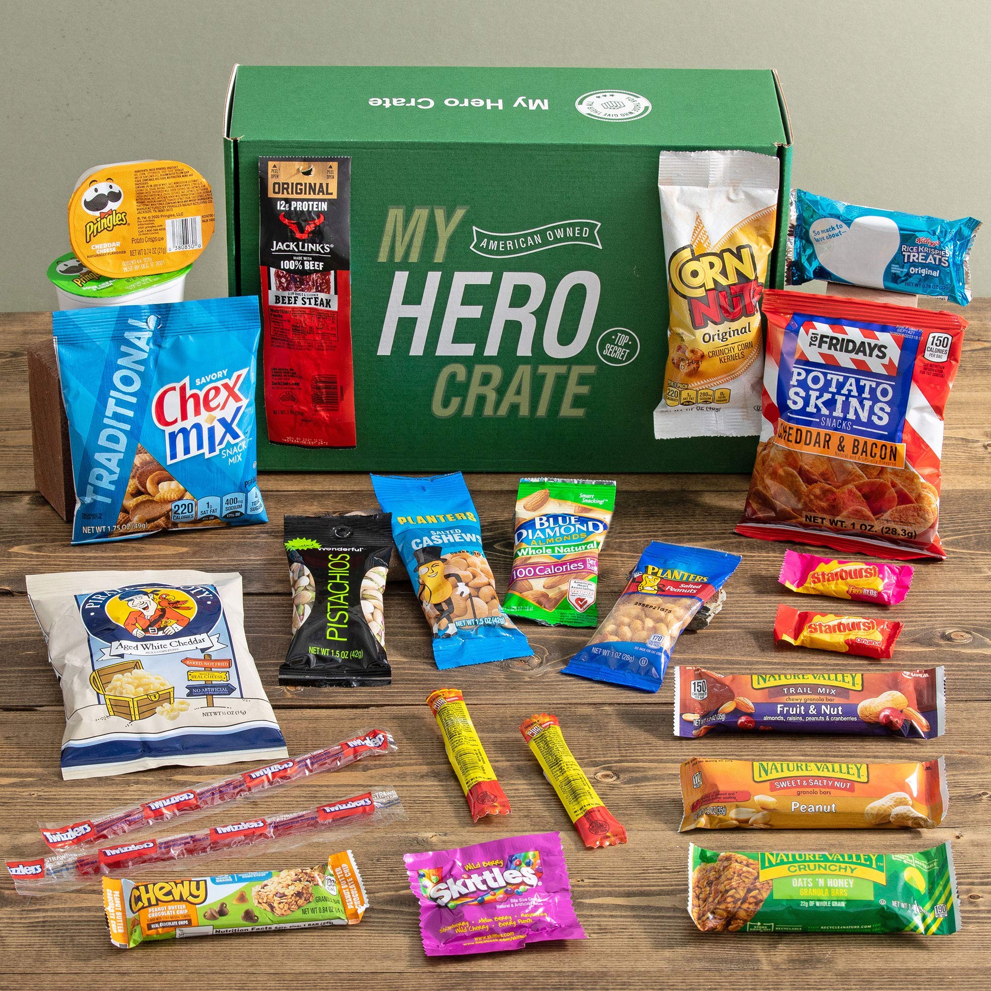 Military Men's Hearty Snack Box (50 Piece Variety Gift Basket Care Package) Jerky, Nuts, Chips, Pretzels, Variety Pack - My College Crate