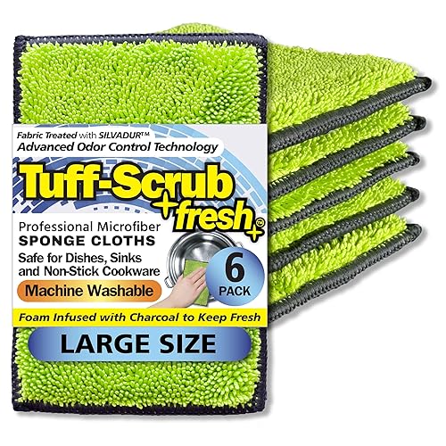 Fresh Tuff-Scrub, Large, 6-Pack Scrub-N-Wipe Sponge Cloth with Silvadur Antimicrobial for Odor Control, Microfiber, Multi-Surface, Non-Scratch