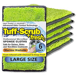 Fresh Tuff-Scrub, Large, 6-Pack Scrub-N-Wipe Sponge Cloth with Silvadur Antimicrobial for Odor Control, Microfiber, Multi-Surface, Non-Scratch