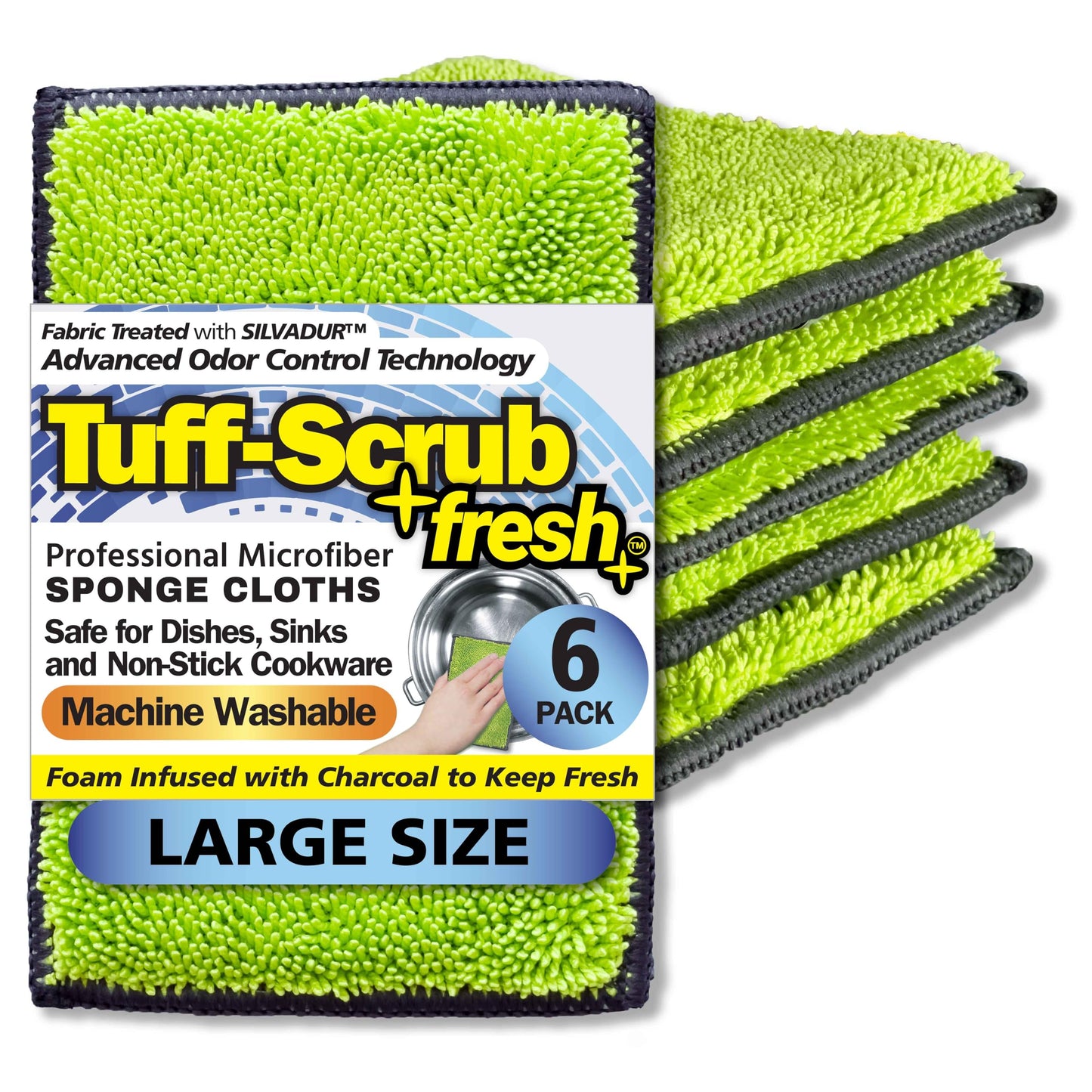 Fresh Tuff-Scrub, Large, 6-Pack Scrub-N-Wipe Sponge Cloth with Silvadur Antimicrobial for Odor Control, Microfiber, Multi-Surface, Non-Scratch