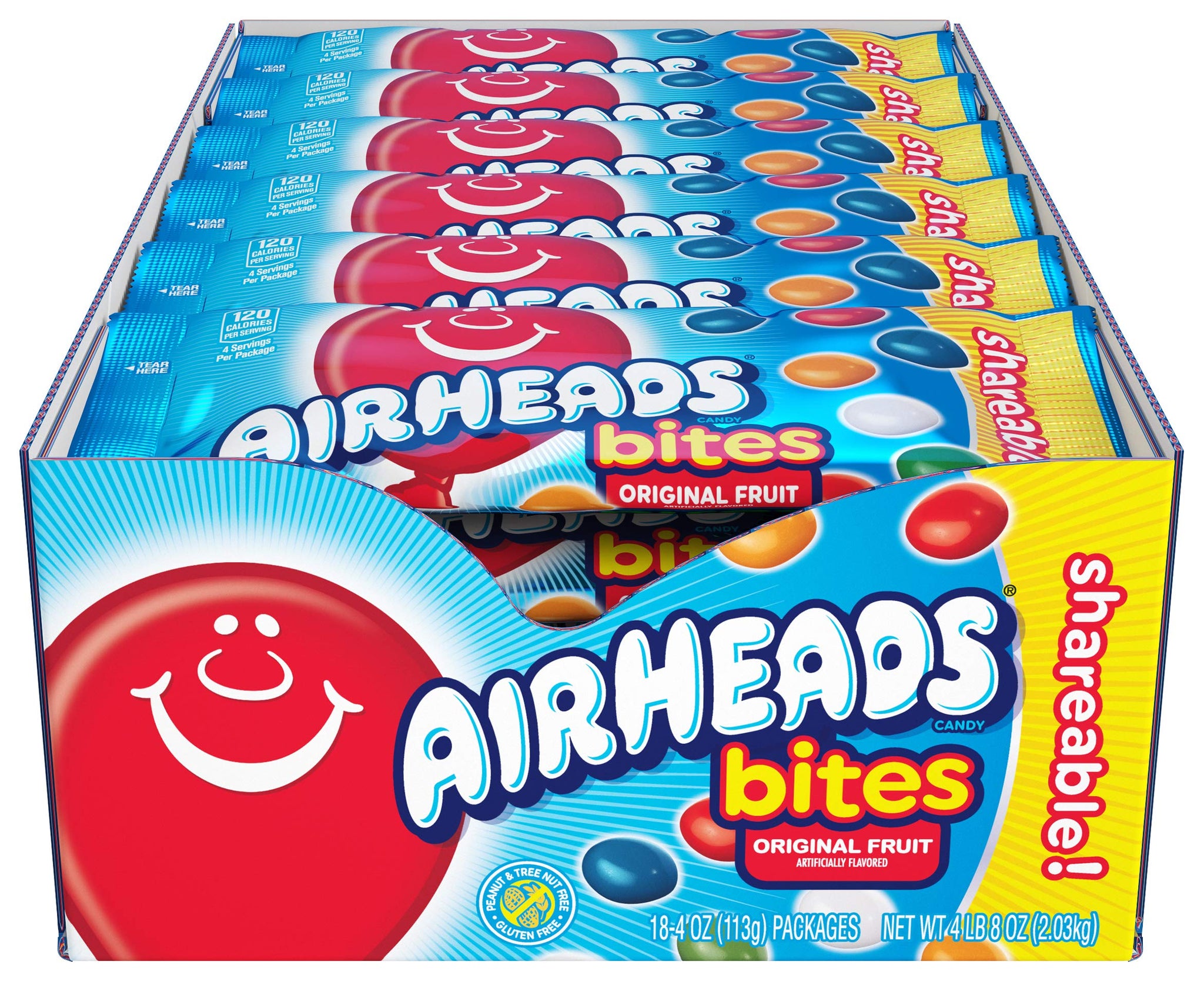 Airheads Candy, Bites, Assorted Fruit Flavors, Non-Melting, 4oz Packs, Box of 18 Packs