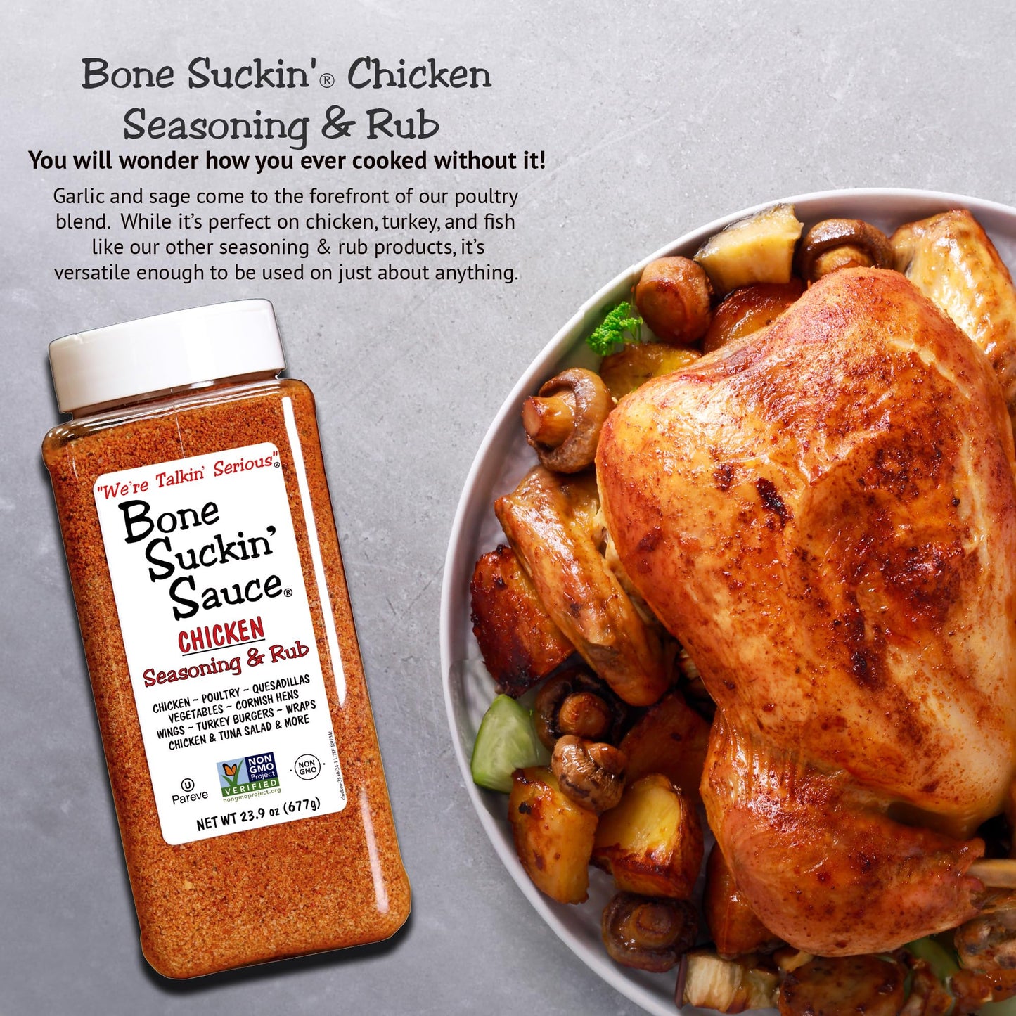 Bone Suckin' Chicken Seasoning & Rub - 23.9oz - with Garlic & Sage - Non-GMO, Gluten-Free, Fat-Free, Kosher, Pareve, No MSG!