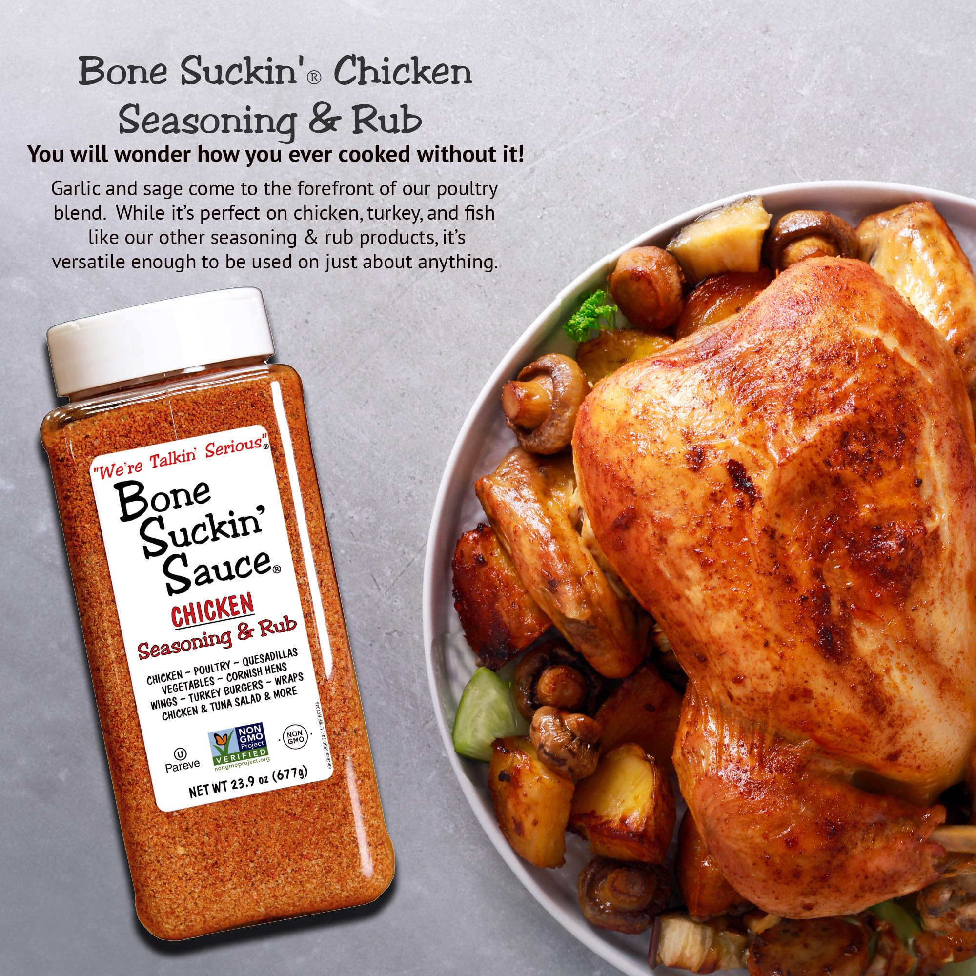 Bone Suckin' Chicken Seasoning & Rub - 23.9oz - with Garlic & Sage - Non-GMO, Gluten-Free, Fat-Free, Kosher, Pareve, No MSG!