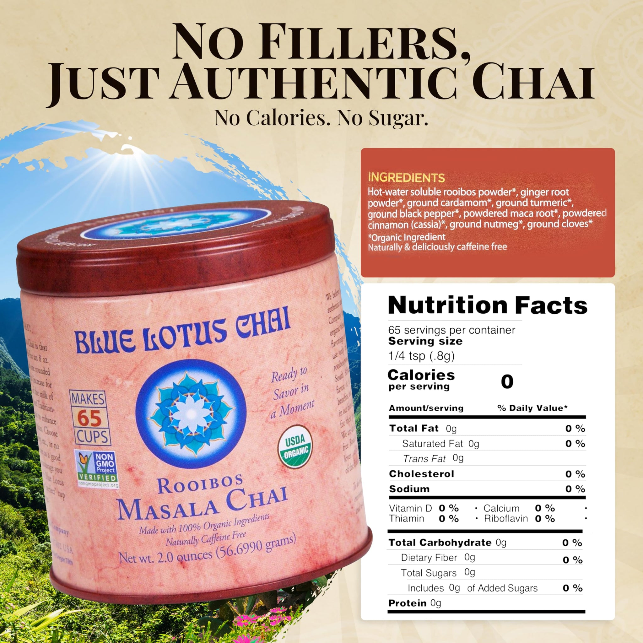 Blue Lotus Chai - Rooibos Flavor Masala Chai - Makes 65 Cups - 2 Ounce Masala Spiced Chai Powder with Organic Spices - Instant Indian Tea No Steeping