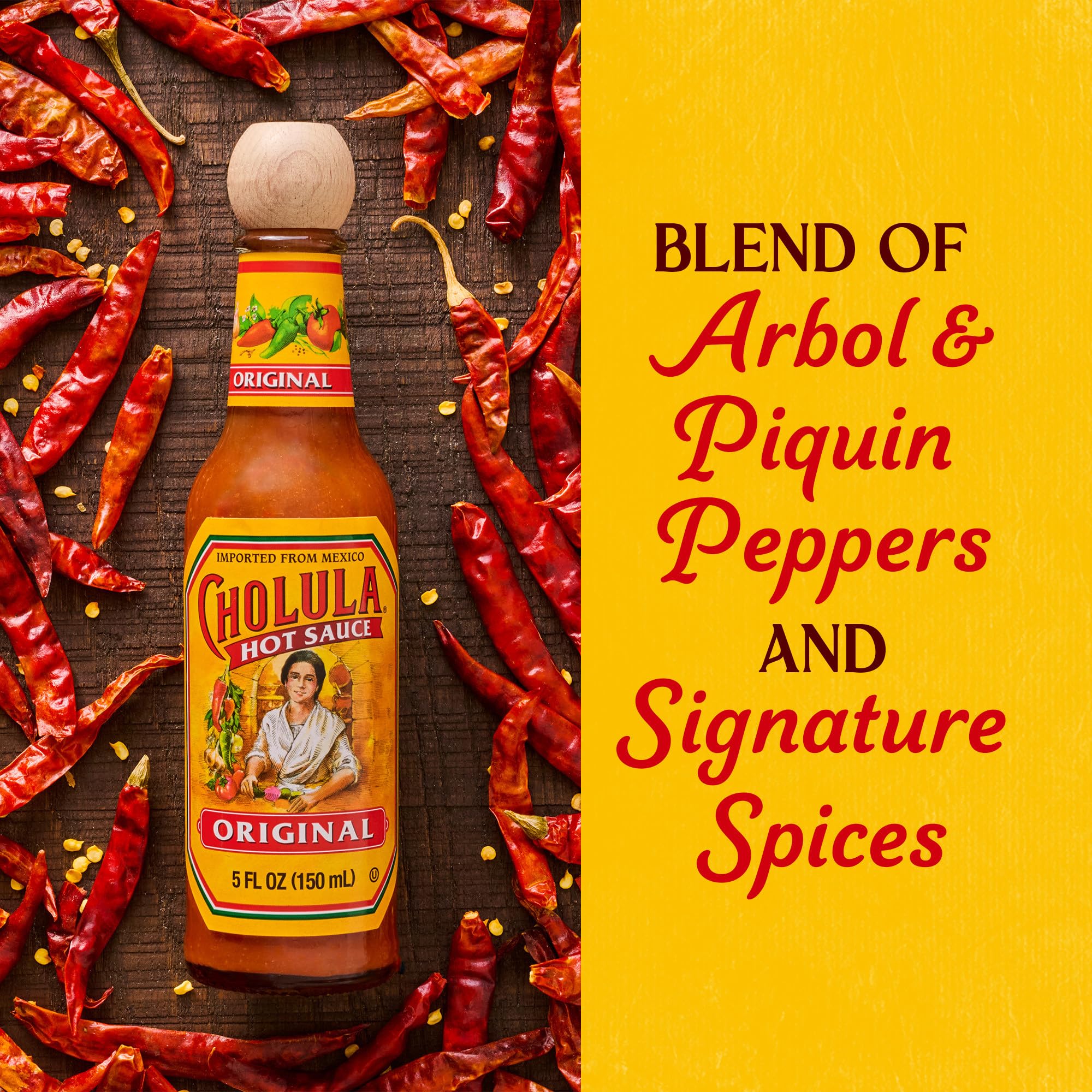 Cholula Hot Sauce, Original, Product of Mexico, Blend of Arbol & Piquin Peppers with Spices for Eggs, Rice, Tacos, Huevos Rancheros & More, 5 fl oz