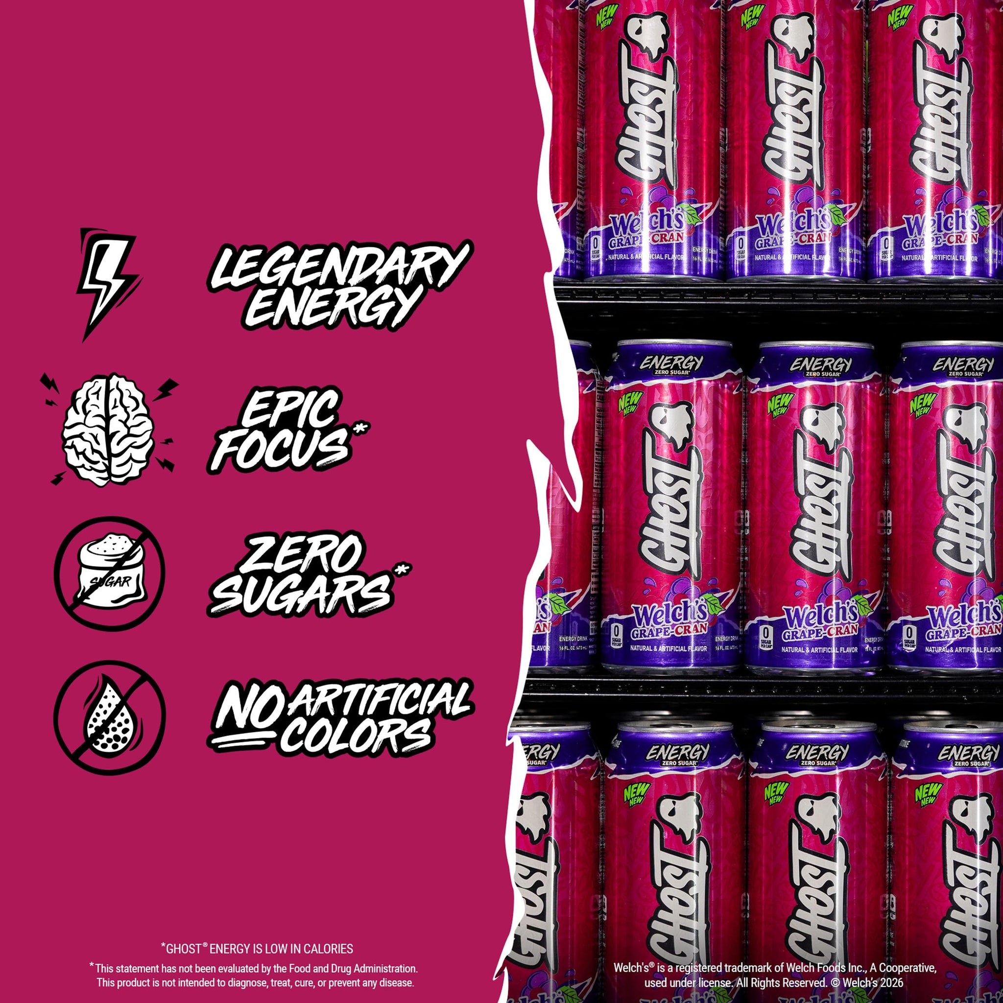 GHOST Energy Drink - 12-Pack, Welch's Grape-Cran, 16oz Cans - Energy & Focus & No Artificial Colors - 200mg of Natural Caffeine, L-Carnitine & Taurine