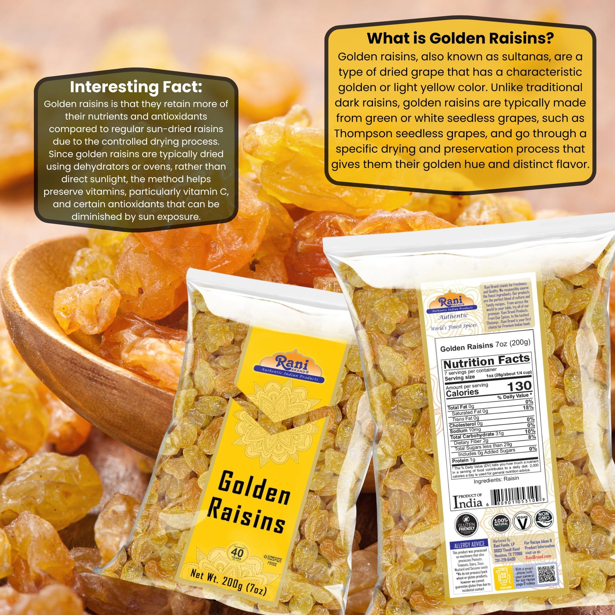Rani Golden Raisins 7oz (200g) ~ All Natural | Gluten Friendly | NON-GMO | Kosher | Vegan | Product of USA