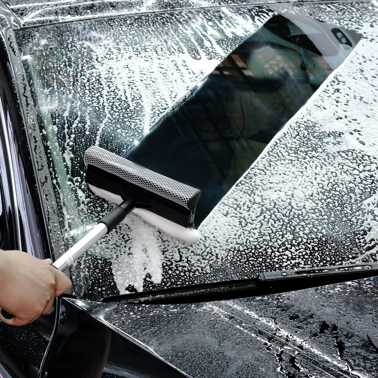 Polyte Window Squeegee for Car Windshields and Window Cleaning Tool, Extendable Aluminum Handle 14-20 in. (Black)