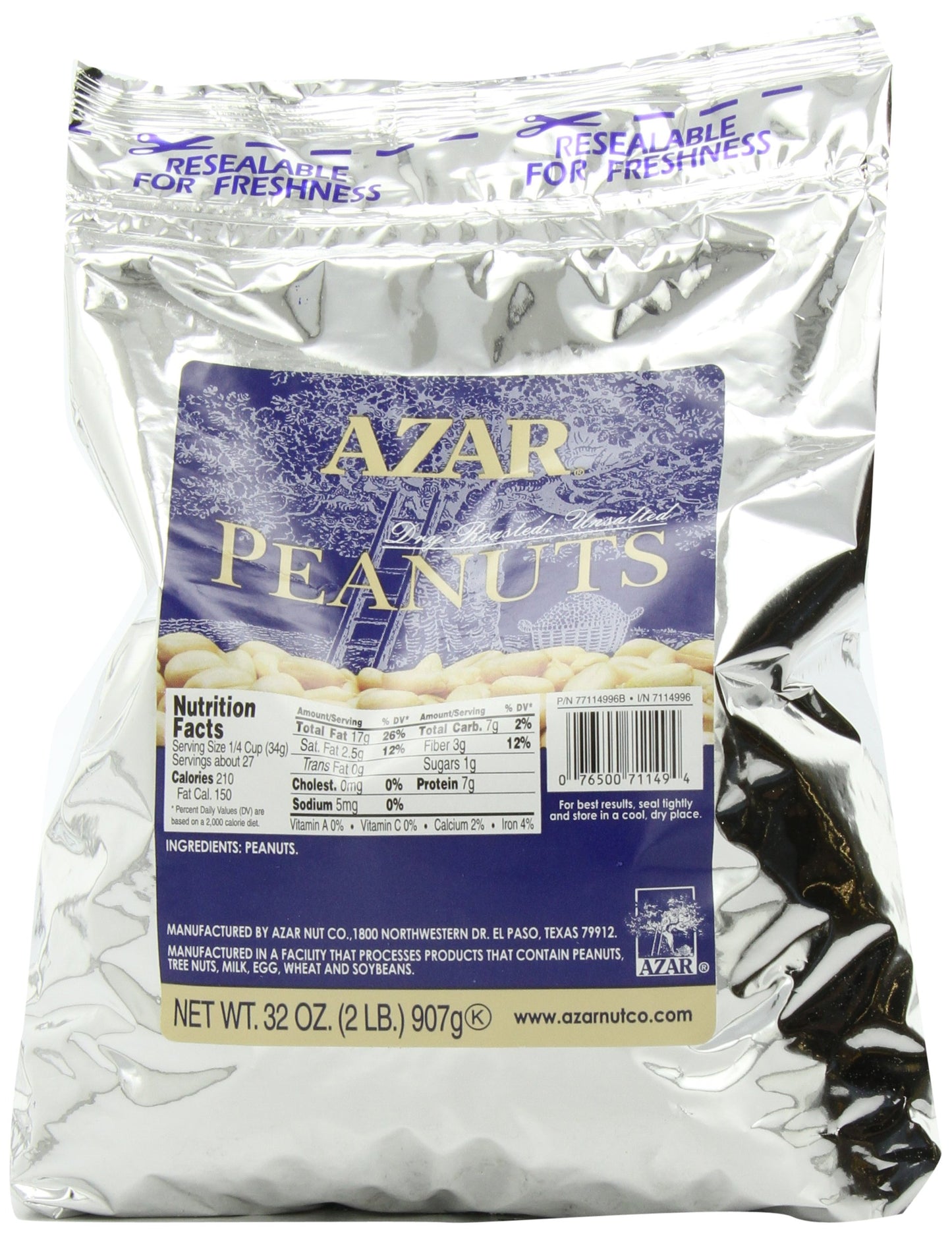 Azar Nut Company Peanuts, Dry Roasted, Unsalted, 32-Ounce Resealable Bags (Pack of 3)