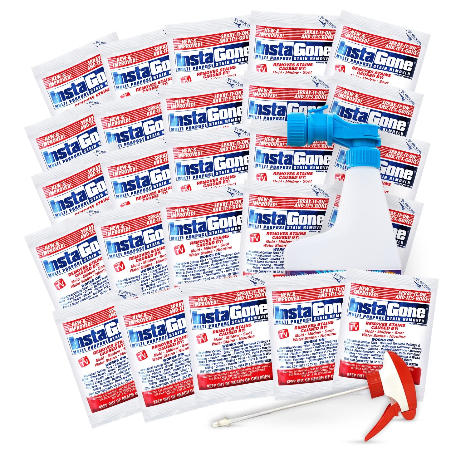 Instagone, Cleaning Supplies, All Purpose Cleaner, 0.8oz 25 pcs Refill Packs, 24oz Bottle, and Garden Hose Attachment set. Household Essentials