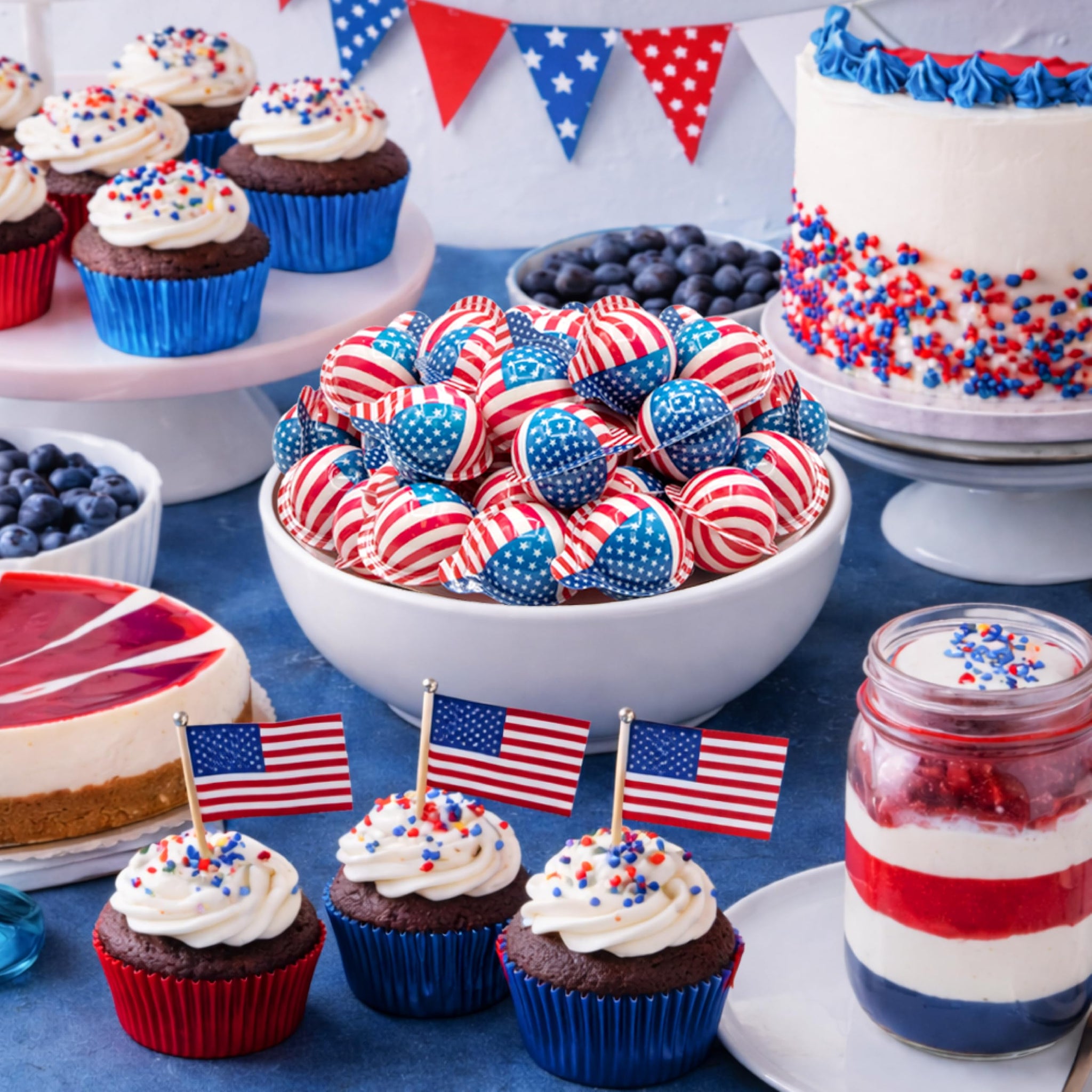 Patriotic Candy - Gummy Balls - 30 Count - 19 Oz Jar - 4th of July Candy Individually Wrapped - Red White and Blue Gummy Candies - Strawberry & Grape