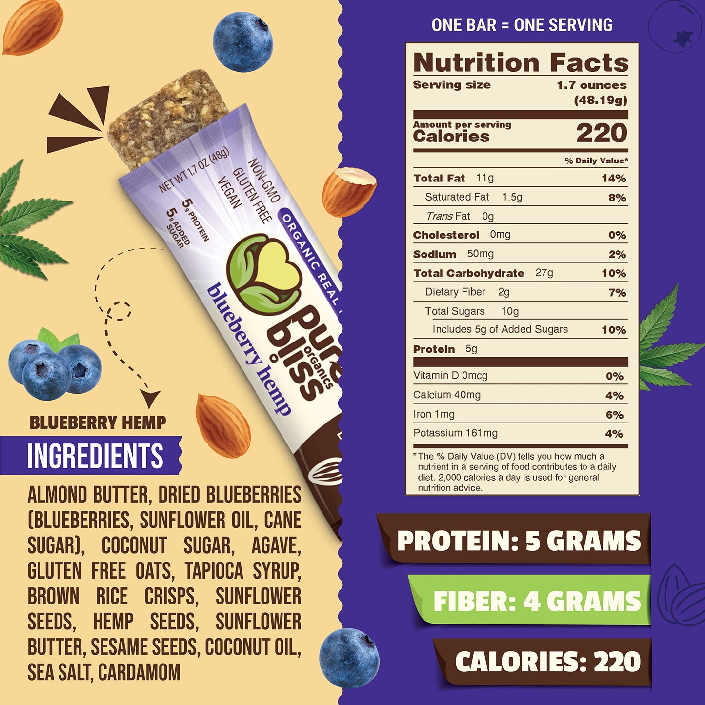 Organic Real Food Bar (Blueberry Hemp) Non-GMO, Gluten Free, Vegan, Nutrition Bars, Energy Bars, Super Food Simple Ingredients, Best Tasting, Healthy