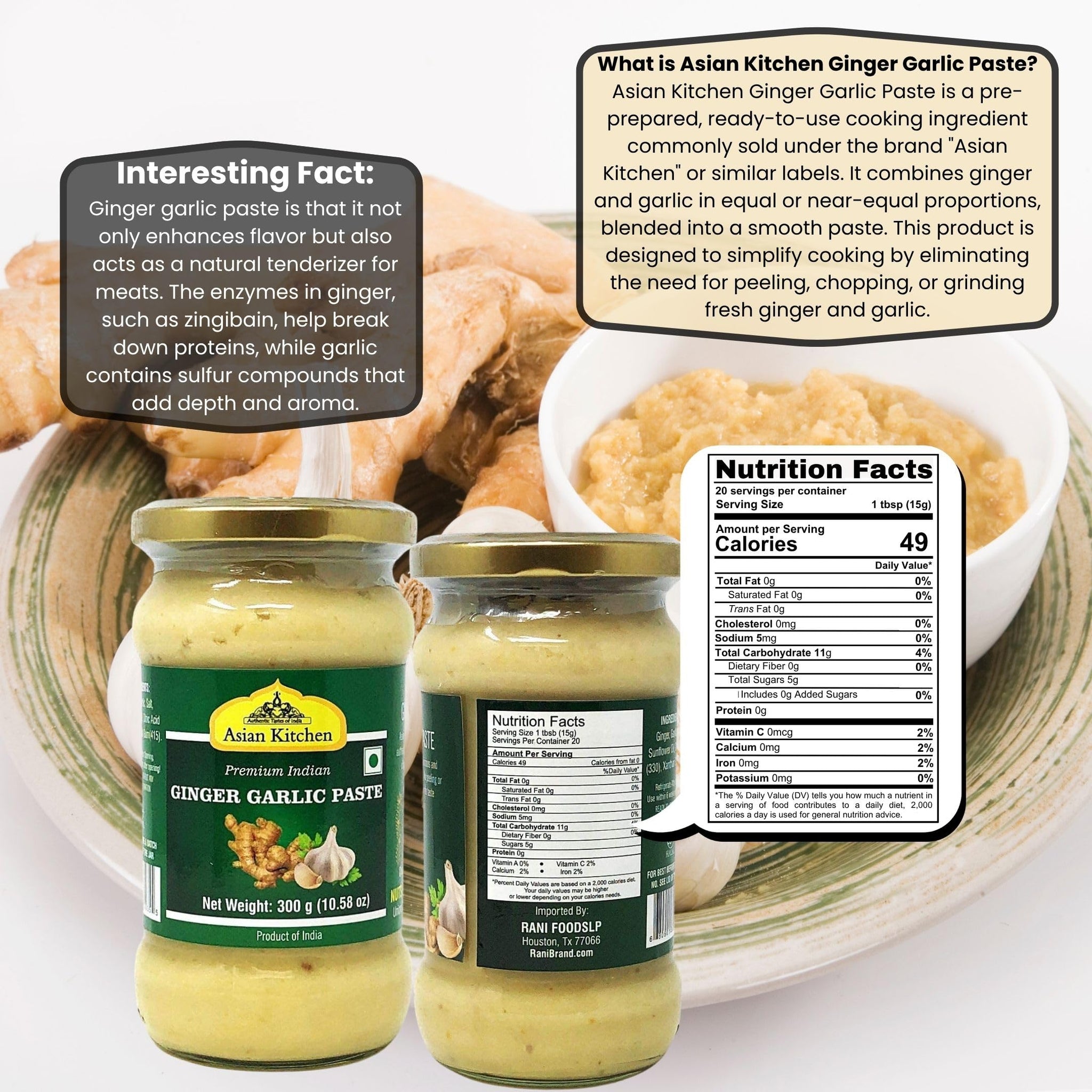 Asian Kitchen Ginger Garlic Cooking Paste 10.5oz (300g) Glass Jar ~ Vegan | Gluten Free | NON-GMO | No Colors | Indian Origin
