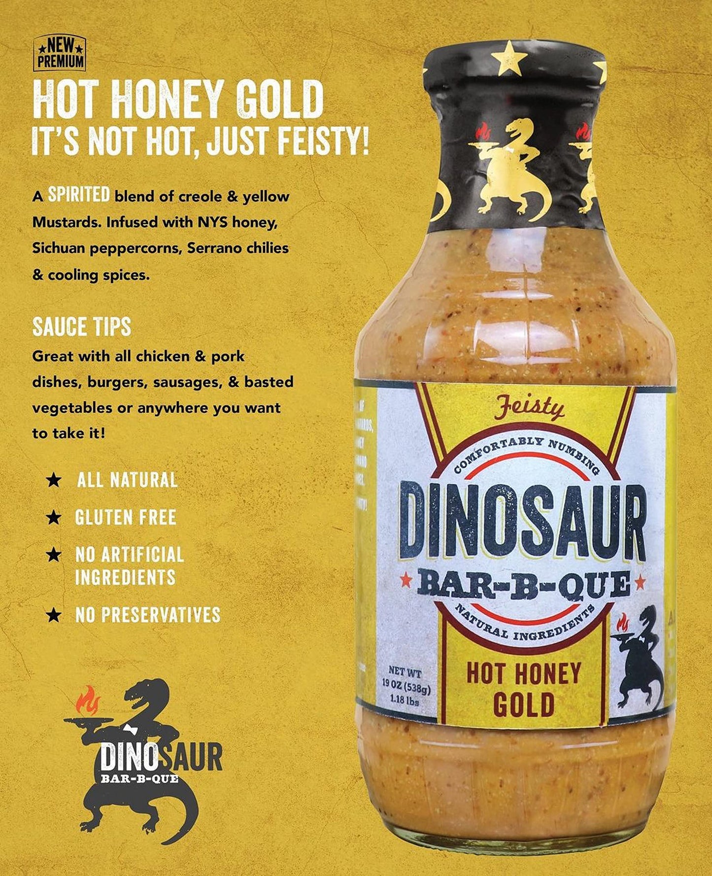NEW Dinosaur Bar-B-Que Hot Honey Gold Barbecue Sauce, Cajun, Creole, Spice Flavor BBQ sauce, Perfect for grilling, meats, briskets, ribs, chicken
