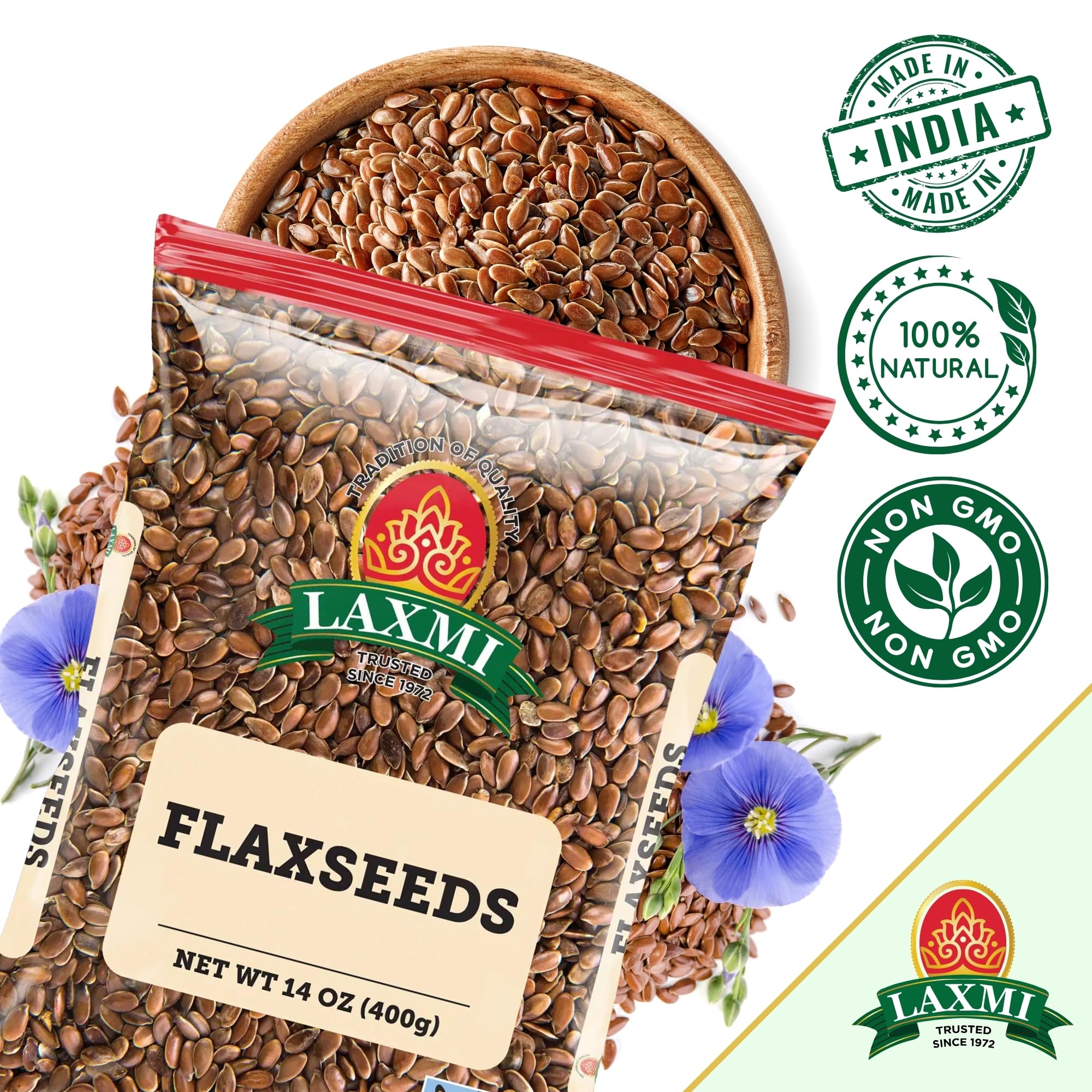 LAXMI Whole Flax Seed - Natural High Fiber, Non-GMO, 14 oz Plant-Based - Whole Flaxseed for Baking, Cooking and Asian Cuisine