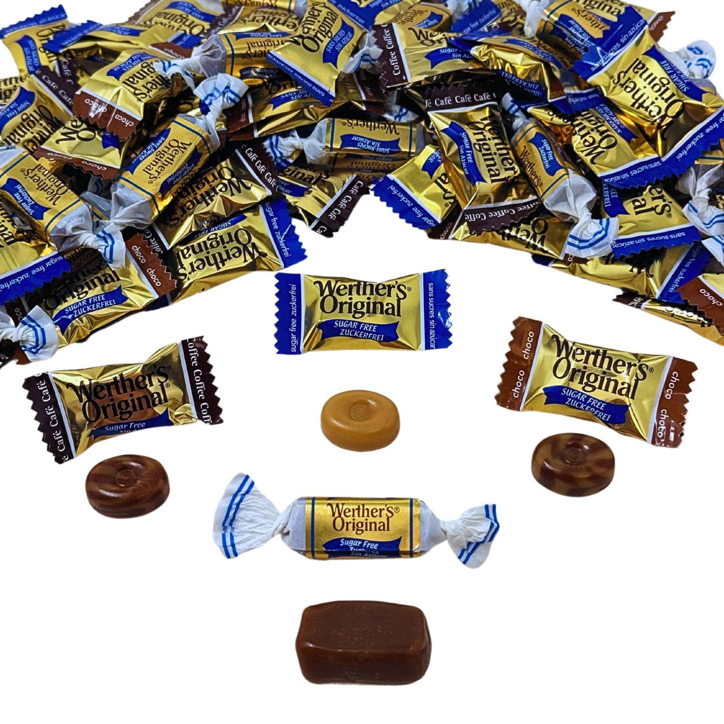 Werther's Original Premium Sugar Free Hard & Soft Chewy 4 Flavors Assortment 1-Lb Creamy Caramel, Rich Chocolate, Smooth Coffee Hard Candies And Soft