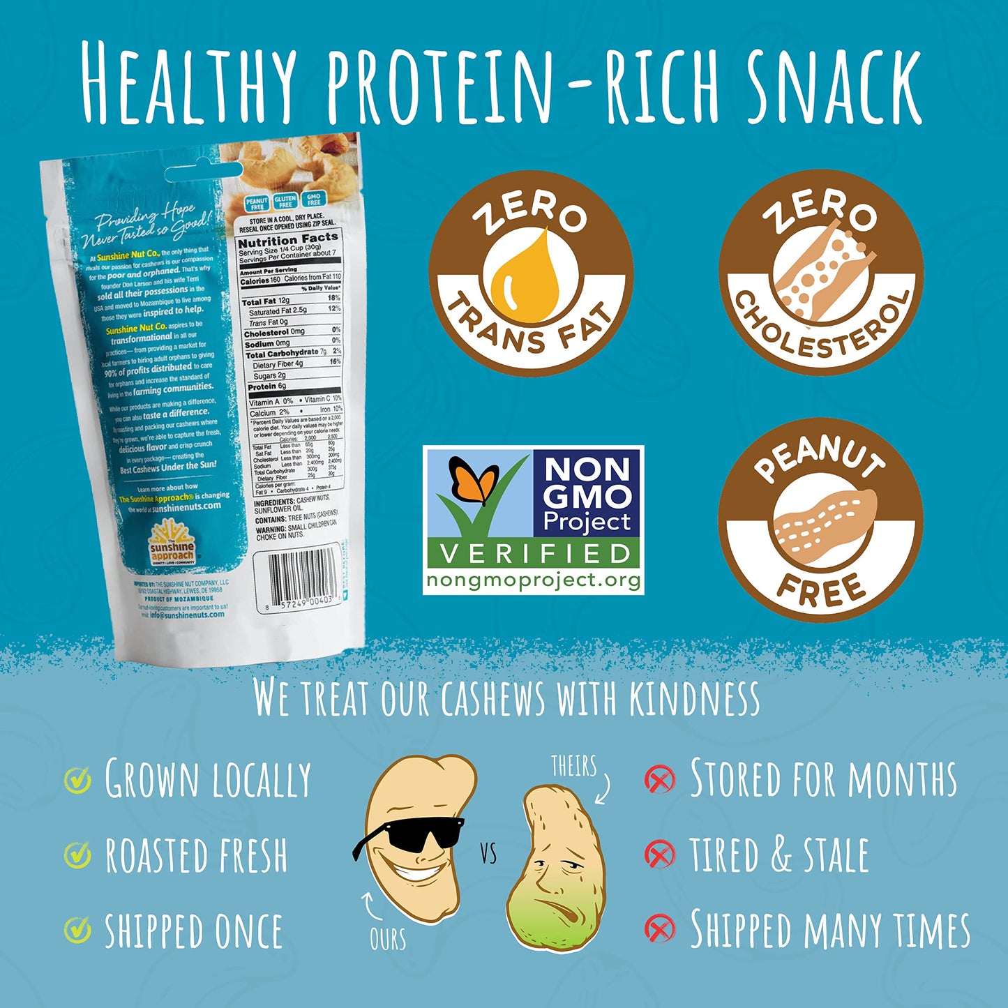 Sunshine Nut Company Whole Roasted Cashews, Perfectly Plain Flavor, No Added Salt, 2 Pack, 7 oz. Each, Gluten Free, Peanut Free and Vegan Individual