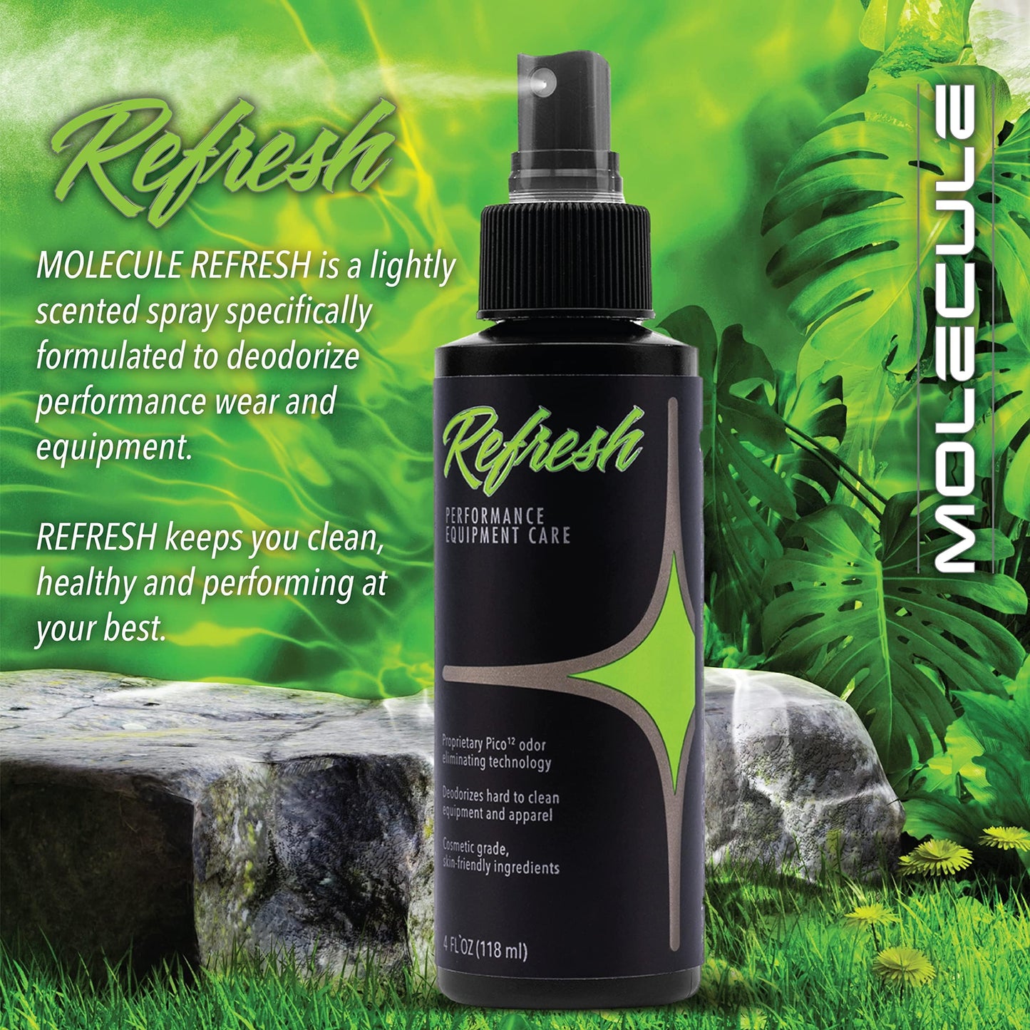 Molecule Refresh Spray | Performance Apparel Care | Cleans and Deodorizes Racing Suites & Technical Fabrics | Signature Fresh Scent | 4 Ounces