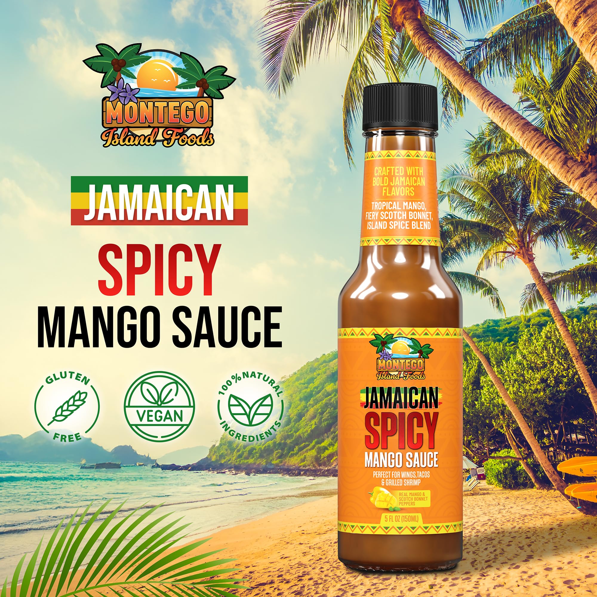 Montego Island Foods Jamaican Spicy Mango Sauce - Real Mango, Fiery Scotch Bonnet Peppers, Zesty Lime Juice & Juicy Golden Raisins - Sweet, Tangy