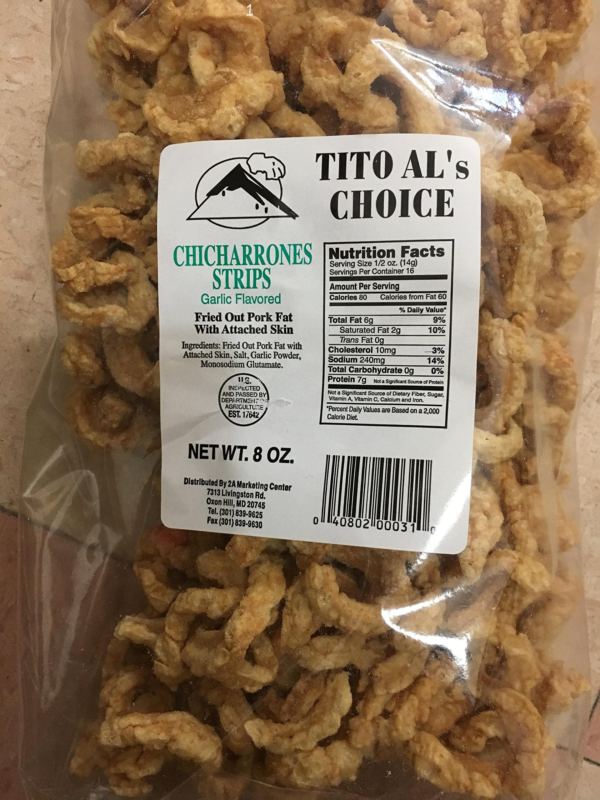 Tito Al's Choice Chicharrones (Fried out Pork Fat w/Attached Skin) 8 Oz / Pack of 2 (Garlic Flavored)