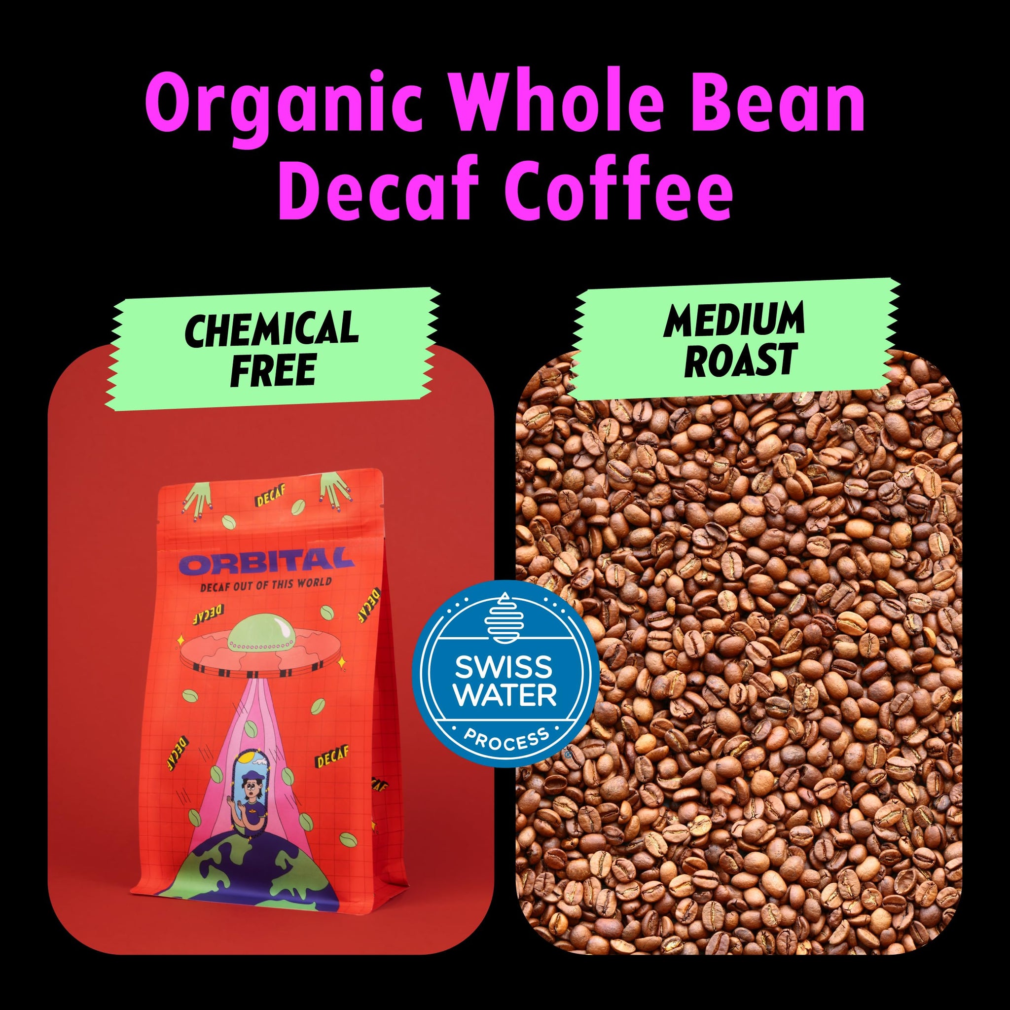 Orbital Peachy Galaxy | USDA Organic Decaffeinated Coffee Beans | Swiss Water Process | Low Acid | 12oz