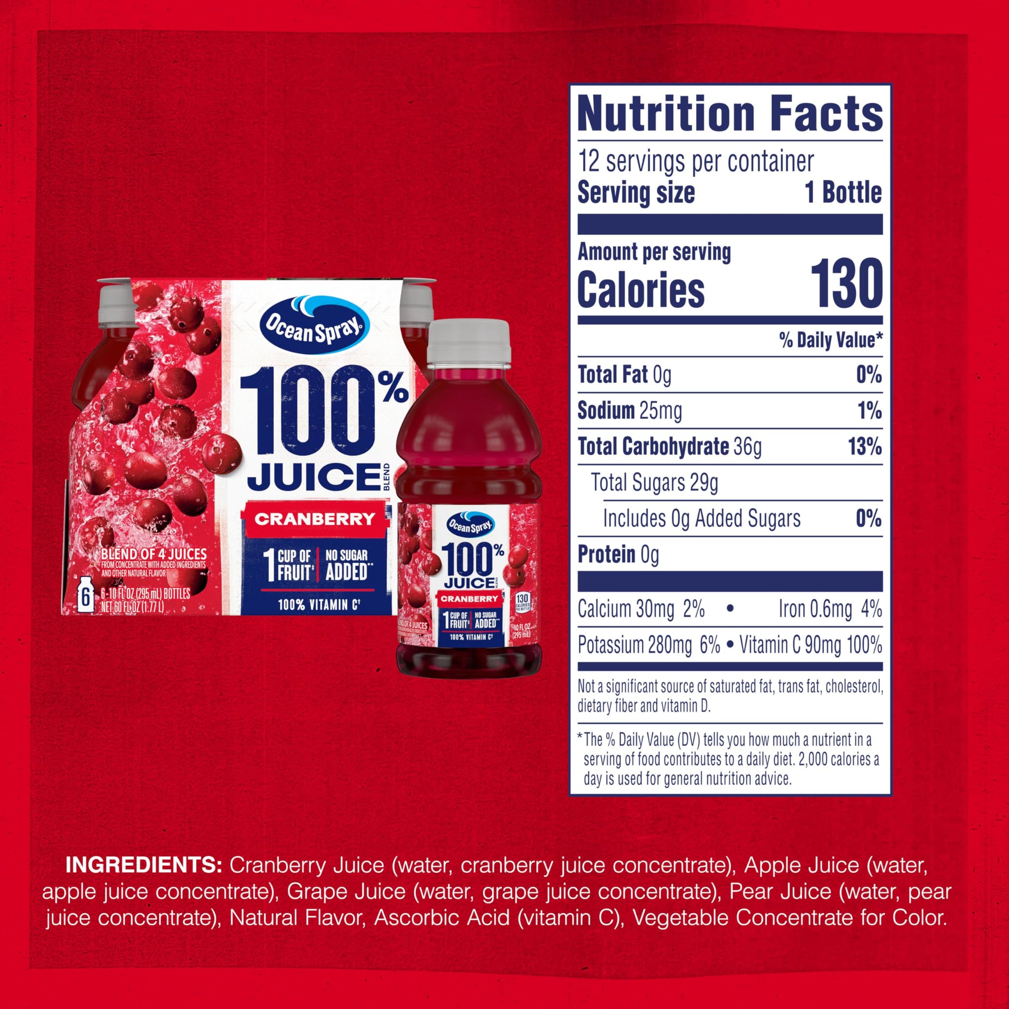 Ocean Spray 100% Juice, Cranberry Juice, 10 Ounce Bottle (Pack of 6)