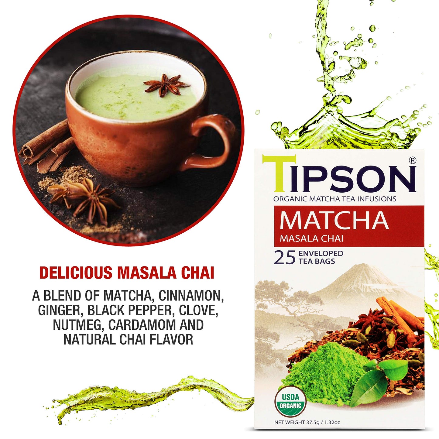 Tipson Organic Matcha Tea Infusions - Matcha Masala Chai - Non GMO and Gluten Free - 25 Premium Tea Bags (Pack of 1)