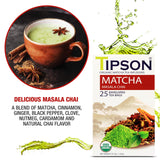 Tipson Organic Matcha Tea Infusions - Matcha Masala Chai - Non GMO and Gluten Free - 25 Premium Tea Bags (Pack of 1)