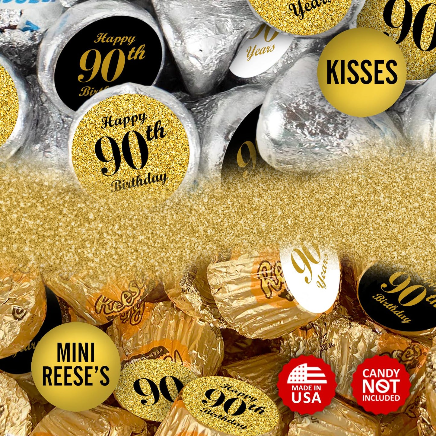 90th Birthday Kisses Stickers, (Set of 324) Chocolate Drops Labels for 90th Birthday, Party Favors Decor for Kisses. Made in USA, 9 Designs (36