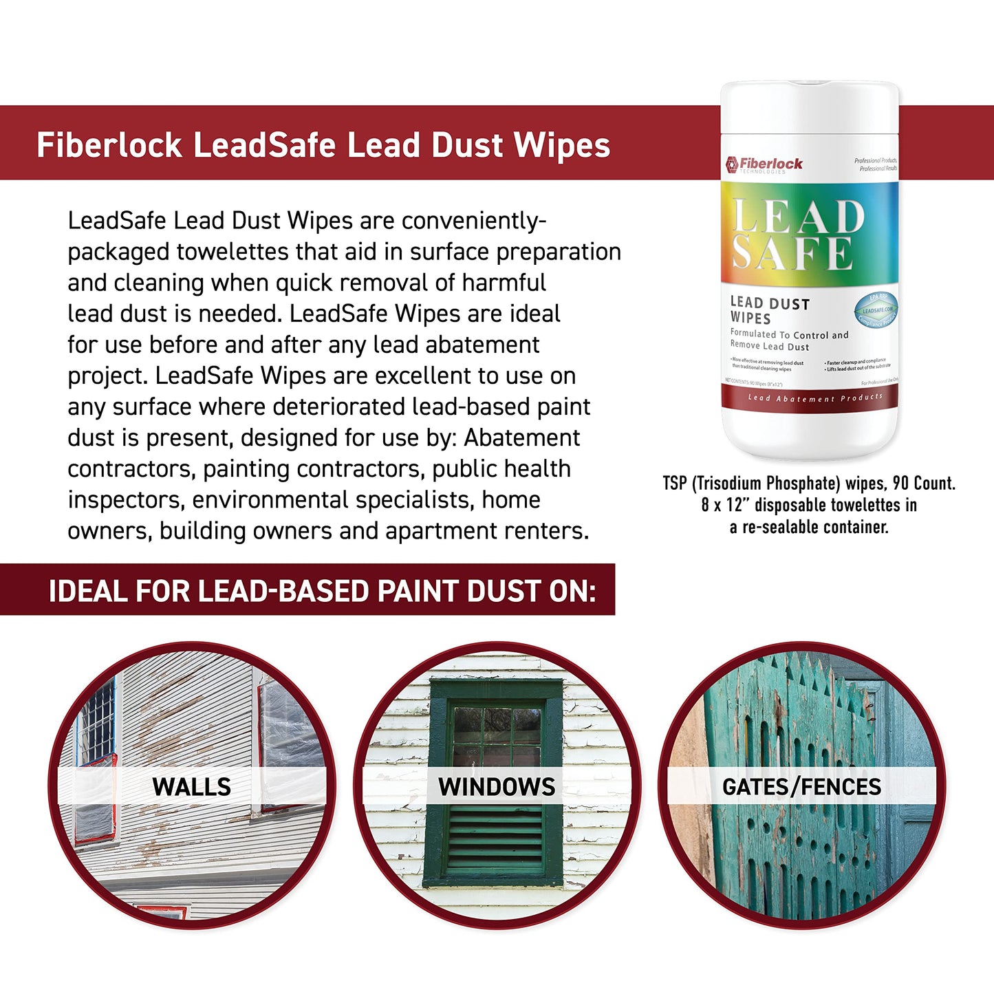 Fiberlock LeadSafe Dust Wipes, 90 Count, Controls & Removes Lead Dust, Ideal for Use Before & After Any Lead Abatement Project, Control Lead-Based