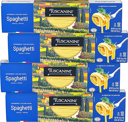 Tuscanini Authentic Italian Spaghetti Pasta Noodles, 16oz (4 Pack) Made with Premium Durum Wheat