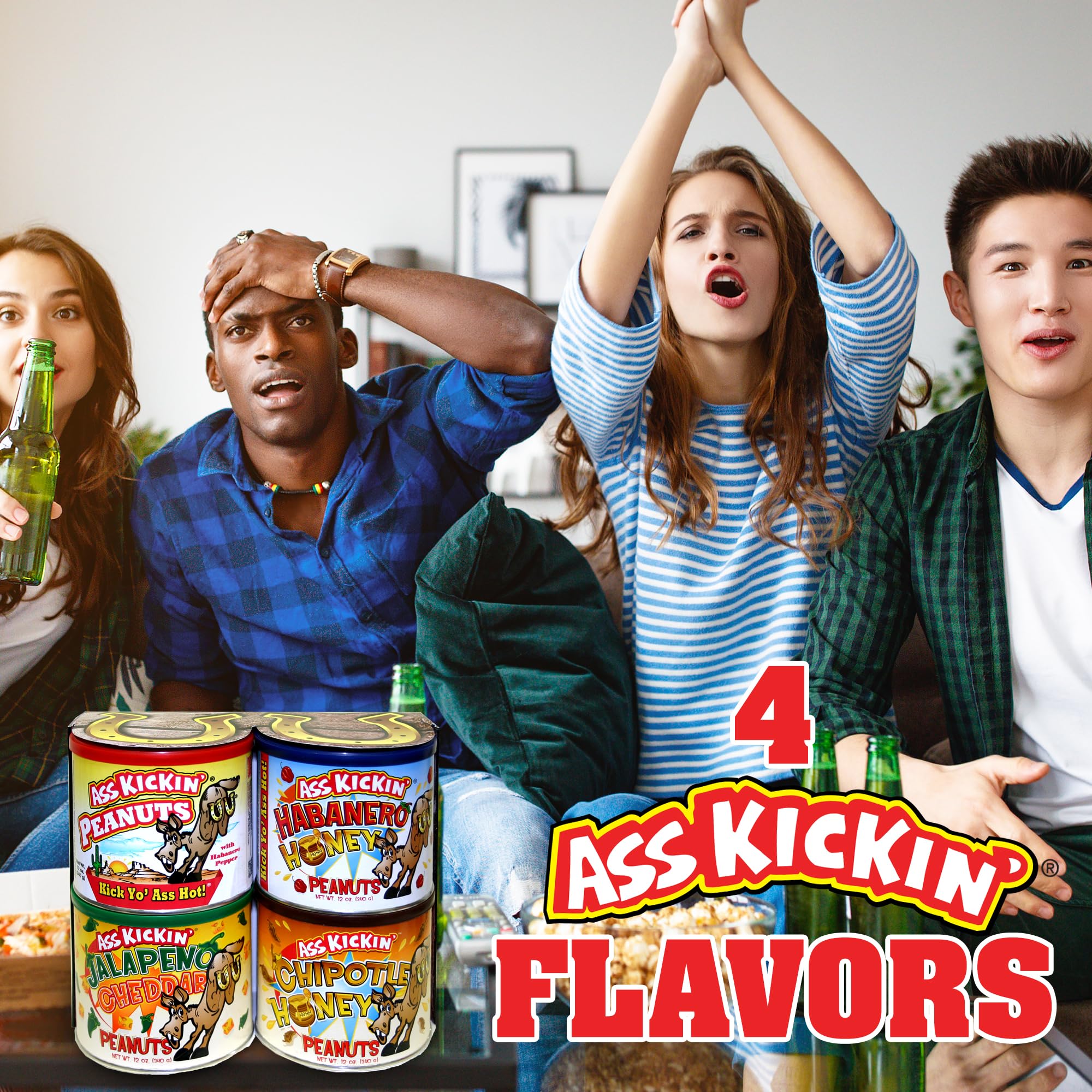 ASS KICKIN' Crunchy Spicy Hot Peanuts: Pepper Peanuts, Jalapeno Peanuts, Habanero Honey Peanuts, and Jalapeno Peanuts, Gift Set.