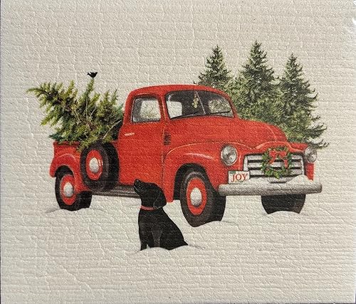 Mary Lake-Thompson Sponge Cloth Winter Holiday Red Truck, Black Lab, Christmas Tree