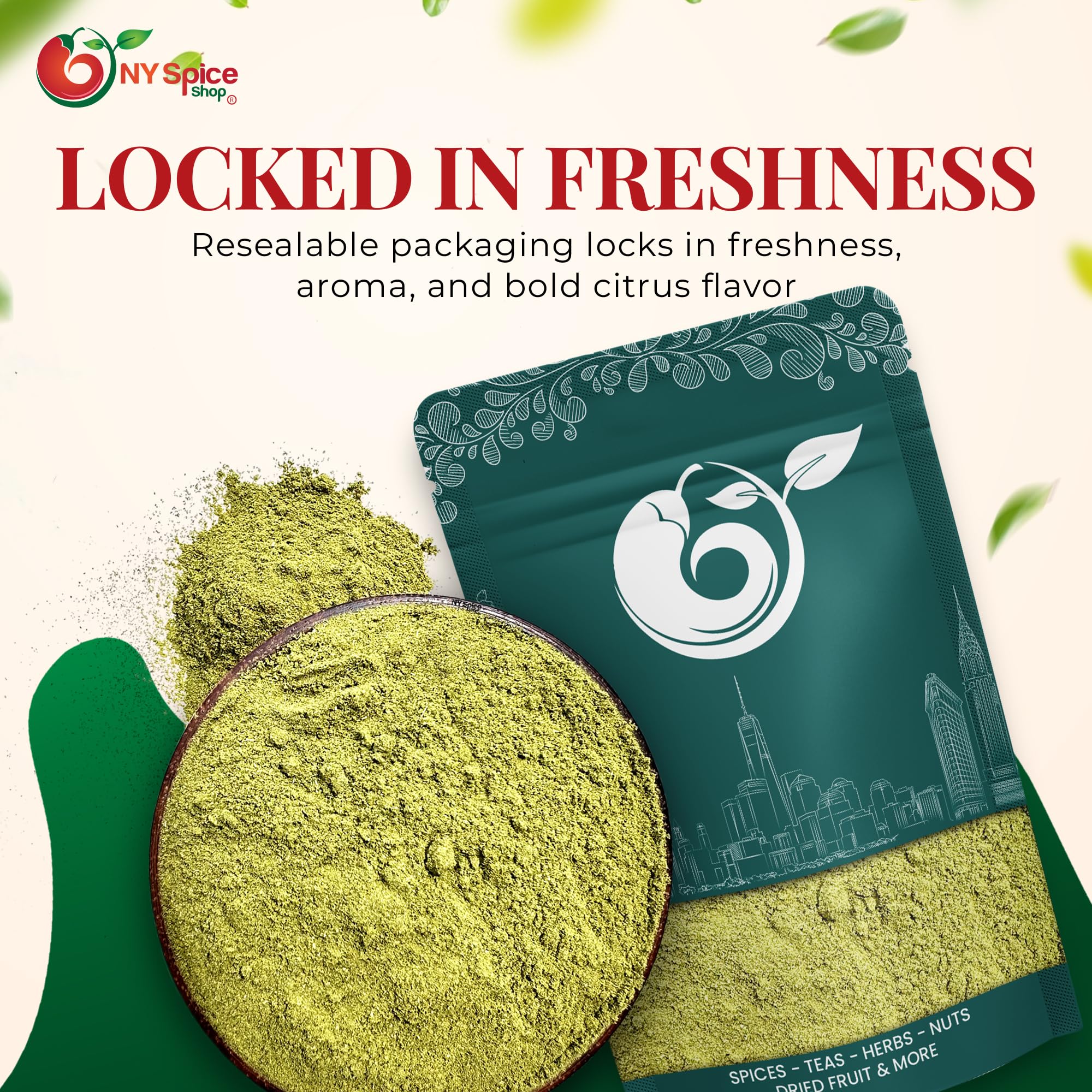 NY Spice Shop Ground Makrut Lime Leaves - 1 Pound Finely Kaffir Leaves Powder - Kaffir Leaf Fresh - Makrut Pepper Seasoning