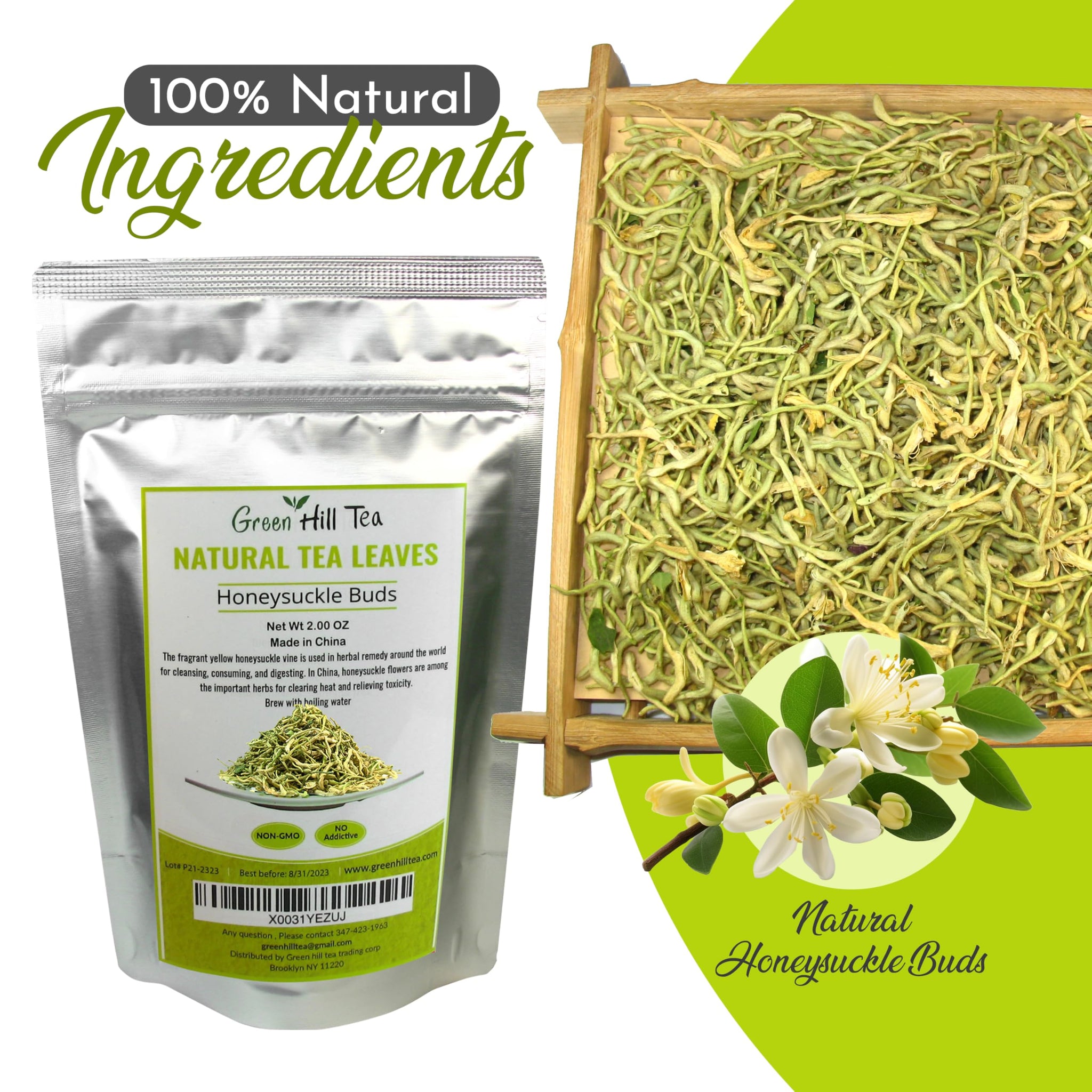 Greenhilltea traditional health herbs 2 OZ (56grams), Honey suckle dried herbal tea honeysuckle buds, 100% Natural, Caffeine free