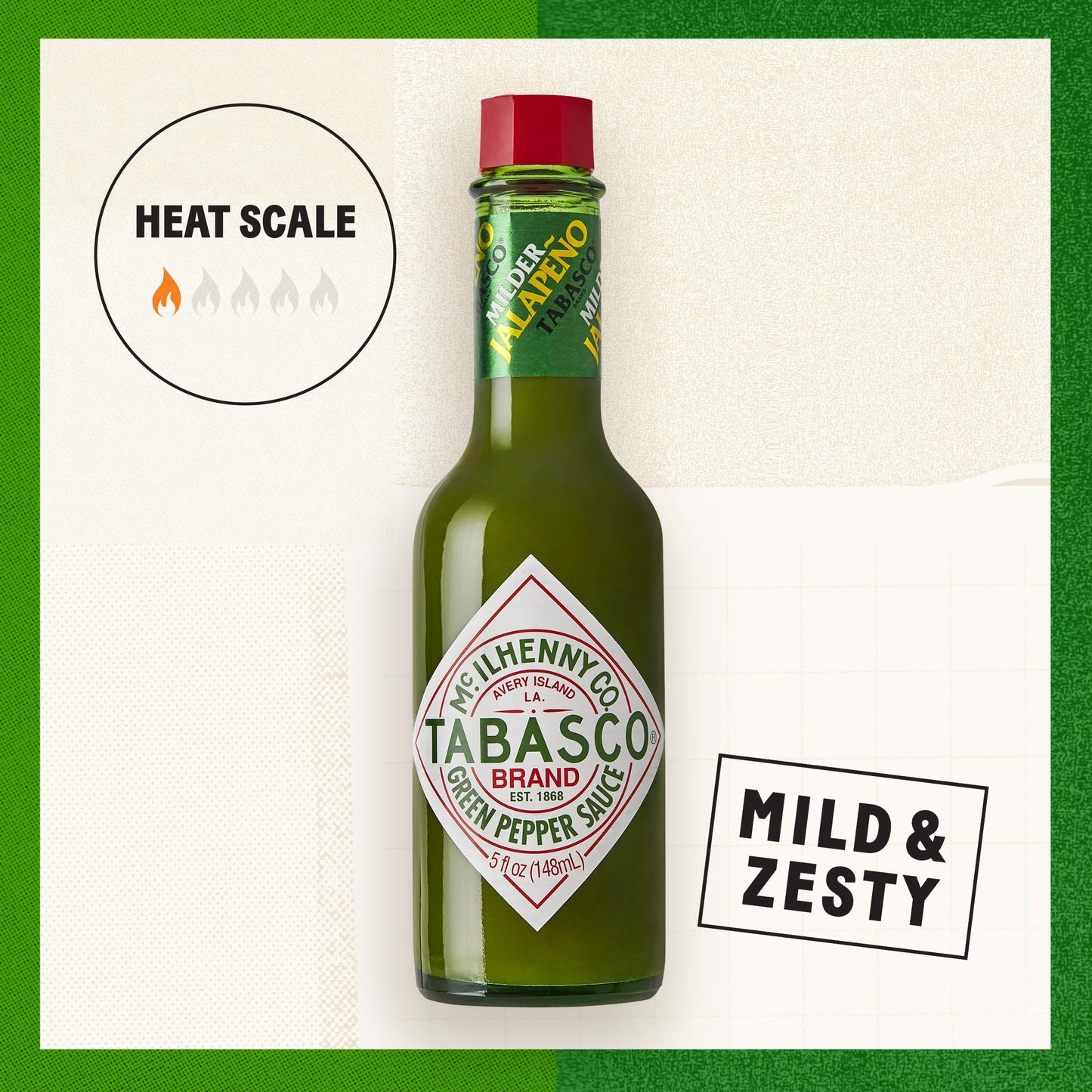 TABASCO Brand Green Jalapeno Pepper Hot Sauce, Mild Heat, Glass Bottle, Versatile & Balanced, Crisp & Zesty, Great on Mexican Dishes & More, 5 Fl Oz