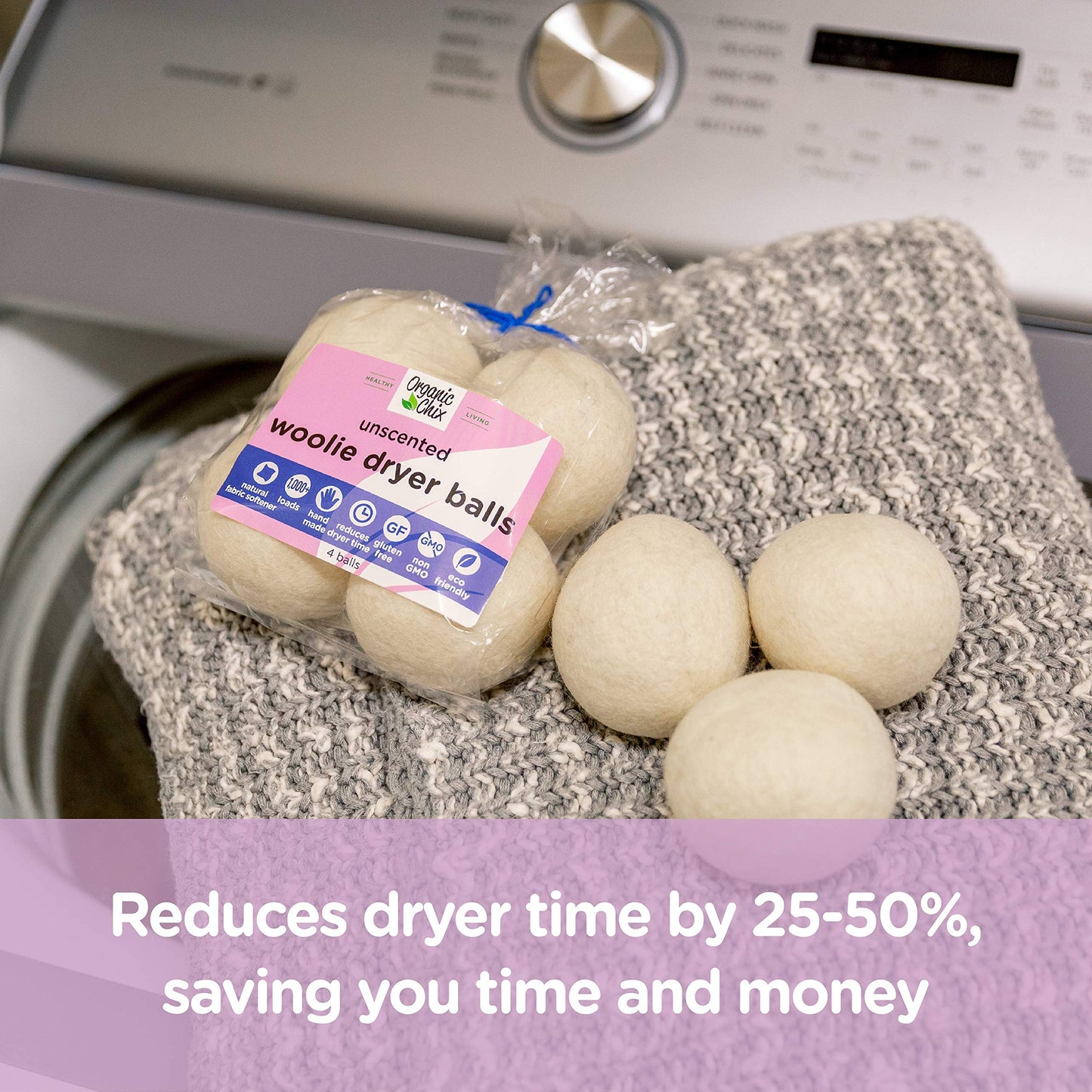 Organic Chix All Natural Unscented Dryer Balls - 100% Pure Wool, Reusable & Natural Alternative to Fabric Softener & Dryer Sheets - Handmade in USA
